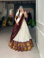 Lorenvalley White Poly Cotton Chex With Zari Weaving Work Lehenga Choli with Dupatta