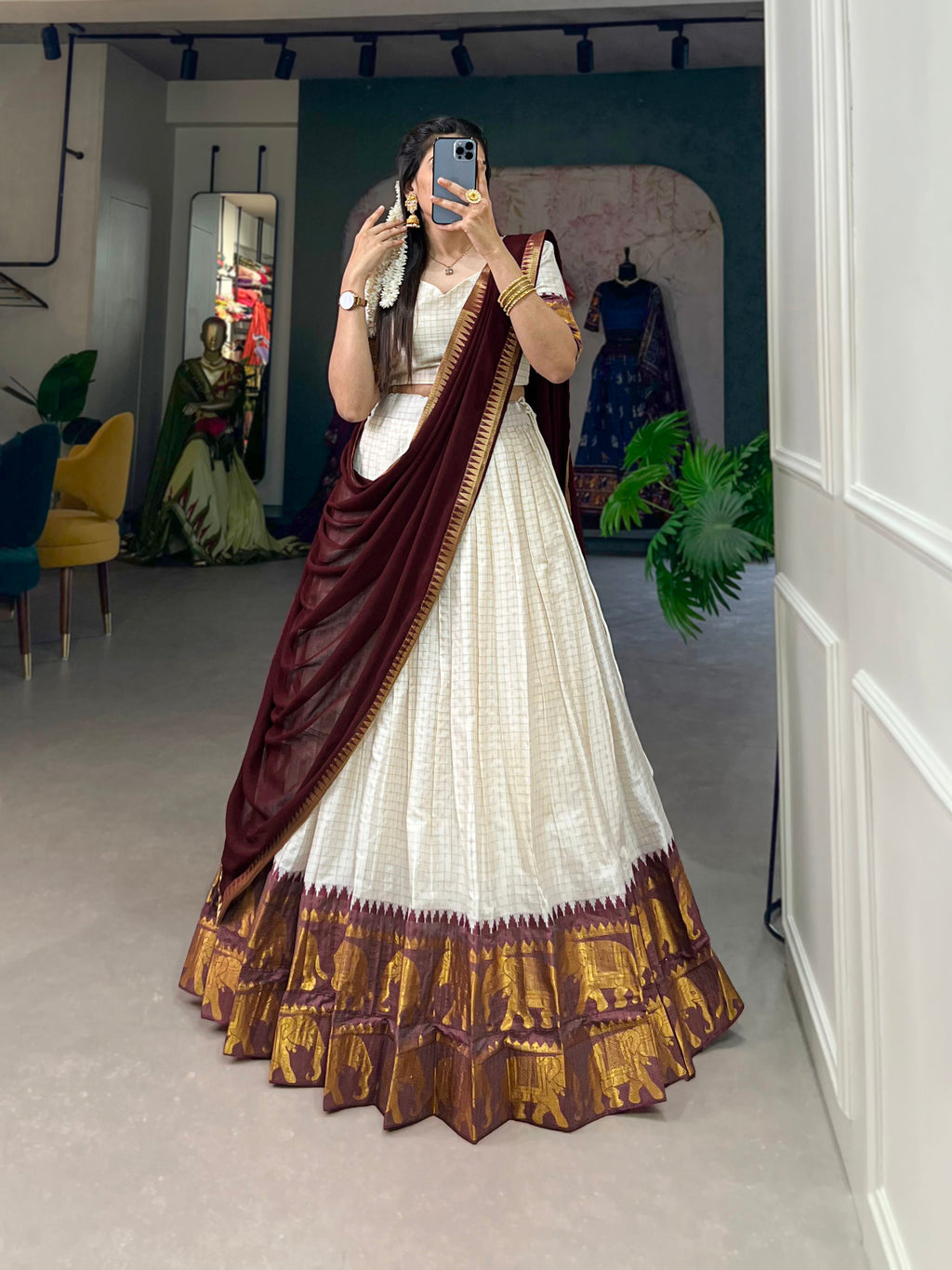 Lorenvalley White Poly Cotton Chex With Zari Weaving Work Lehenga Choli with Dupatta