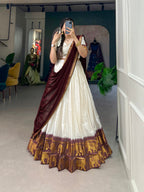 Lorenvalley White Poly Cotton Chex With Zari Weaving Work Lehenga Choli with Dupatta