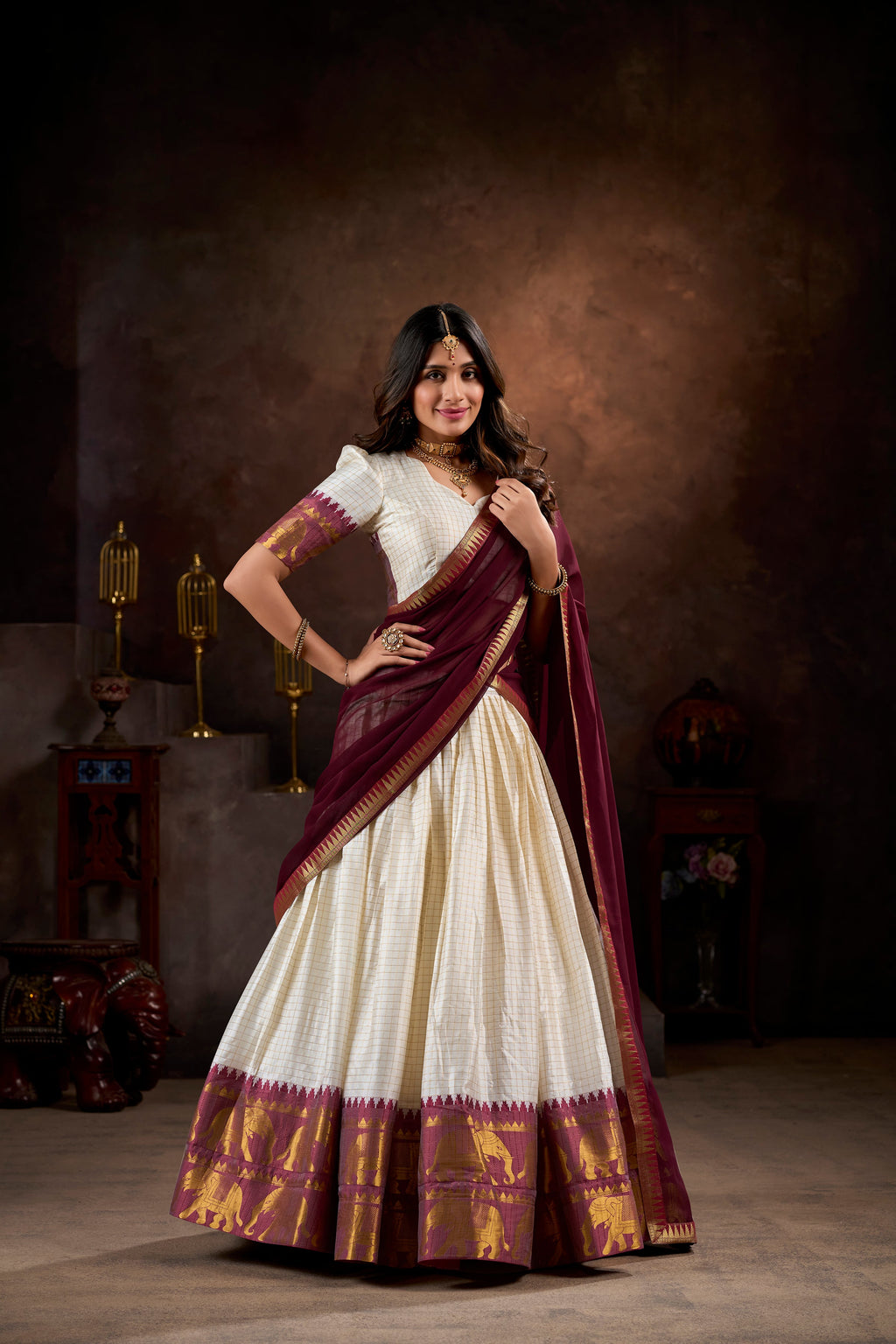 Lorenvalley White Poly Cotton Chex With Zari Weaving Work Lehenga Choli with Dupatta