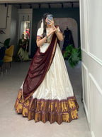 Lorenvalley White Poly Cotton Chex With Zari Weaving Work Lehenga Choli with Dupatta