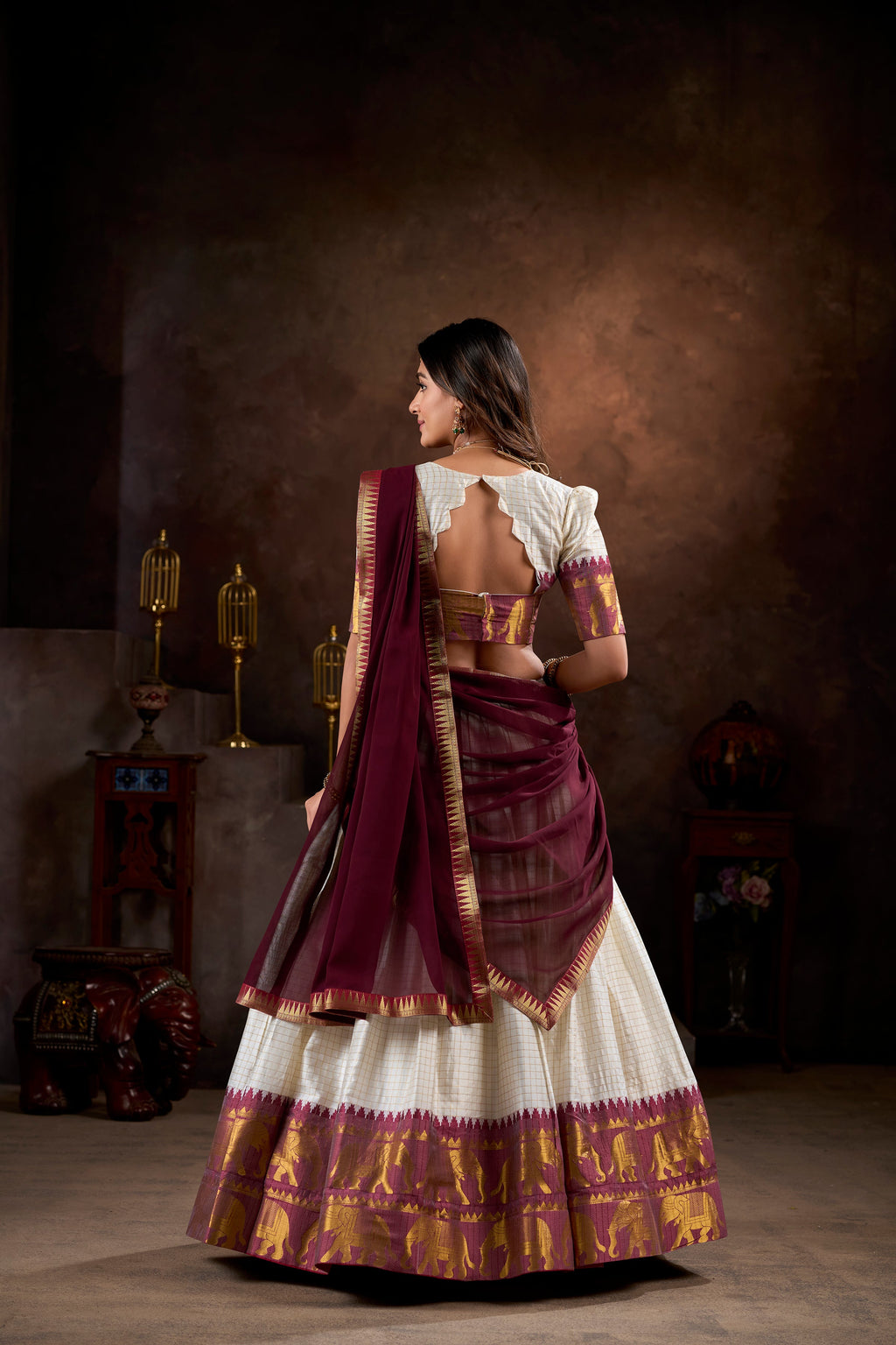 Lorenvalley White Poly Cotton Chex With Zari Weaving Work Lehenga Choli with Dupatta