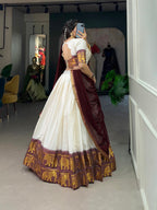 Lorenvalley White Poly Cotton Chex With Zari Weaving Work Lehenga Choli with Dupatta