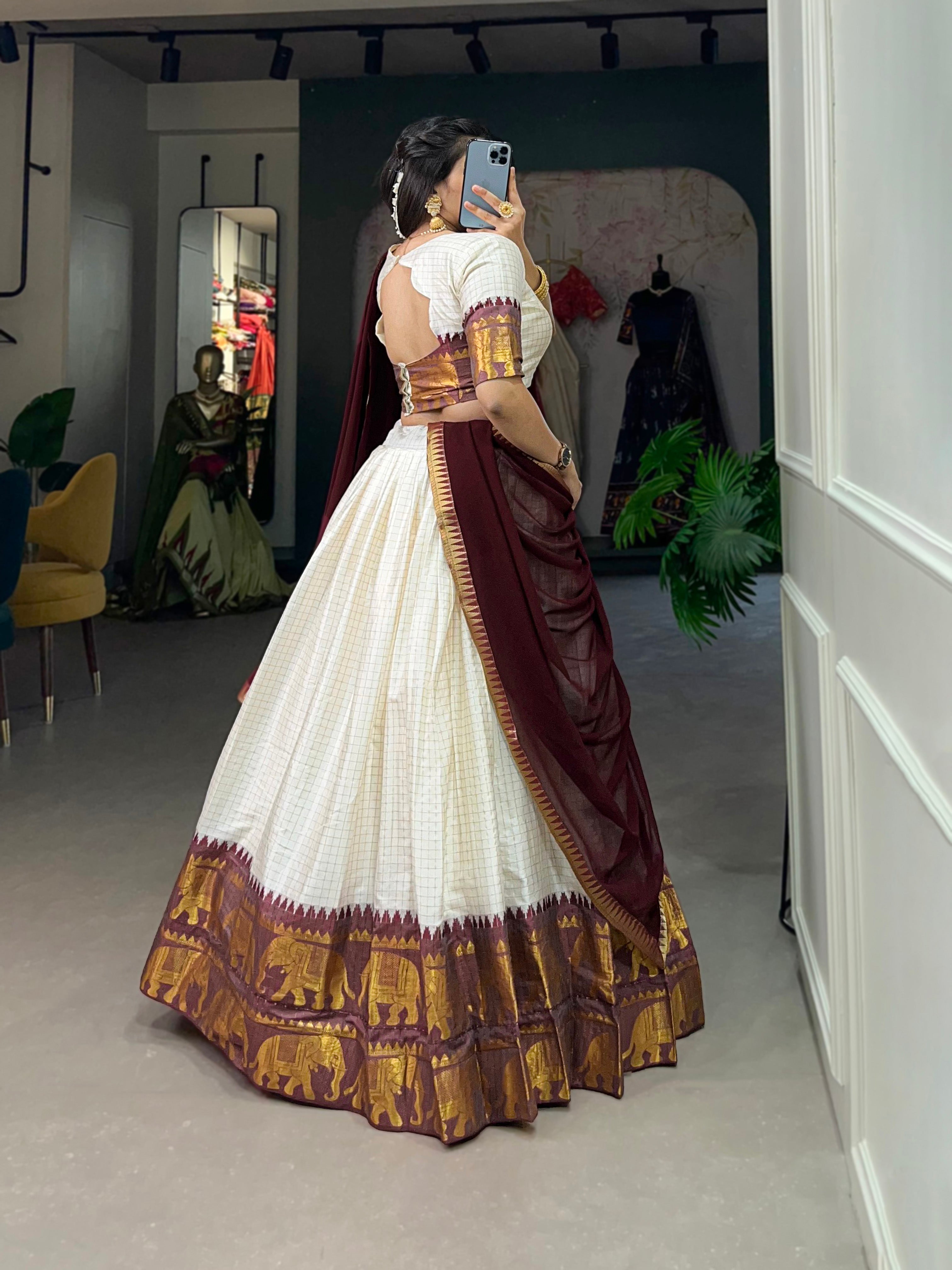 Lorenvalley White Poly Cotton Chex With Zari Weaving Work Lehenga Choli with Dupatta
