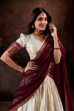 Lorenvalley White Poly Cotton Chex With Zari Weaving Work Lehenga Choli with Dupatta