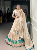 Lorenvalley Off White Pure Shimmer With Weaving Work with Mirror And Beads (Moti) Hand Work Lehenga Choli