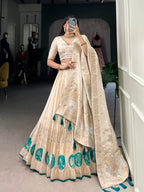 Lorenvalley Off White Pure Shimmer With Weaving Work with Mirror And Beads (Moti) Hand Work Lehenga Choli