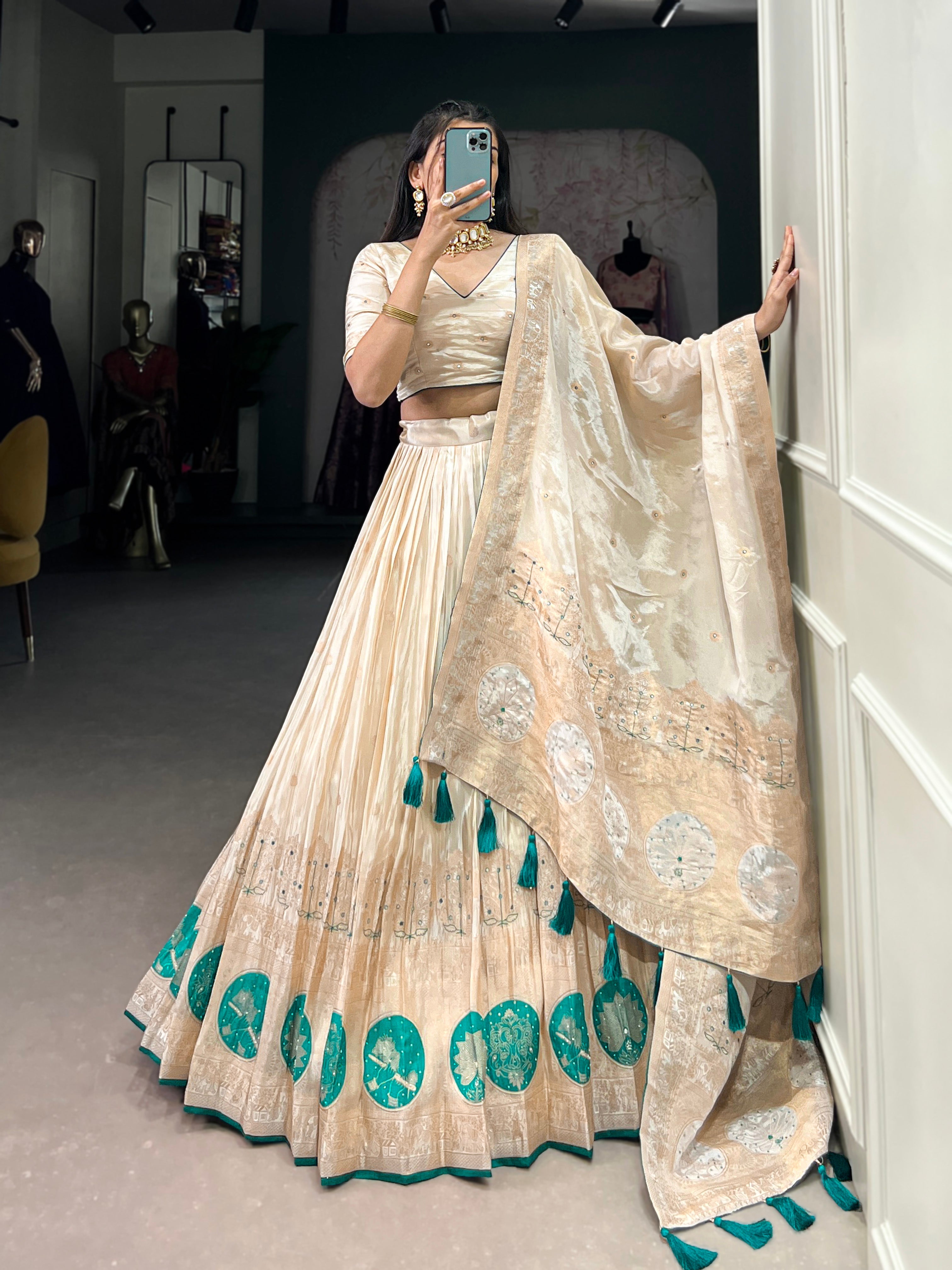 Lorenvalley Off White Pure Shimmer With Weaving Work with Mirror And Beads (Moti) Hand Work Lehenga Choli