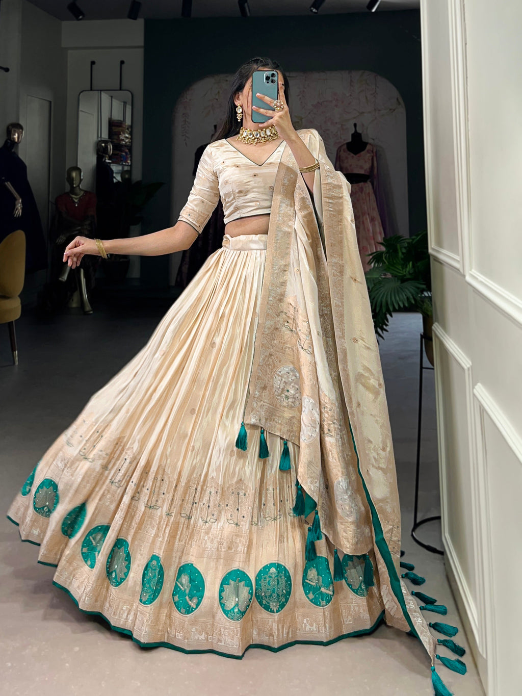 Lorenvalley Off White Pure Shimmer With Weaving Work with Mirror And Beads (Moti) Hand Work Lehenga Choli
