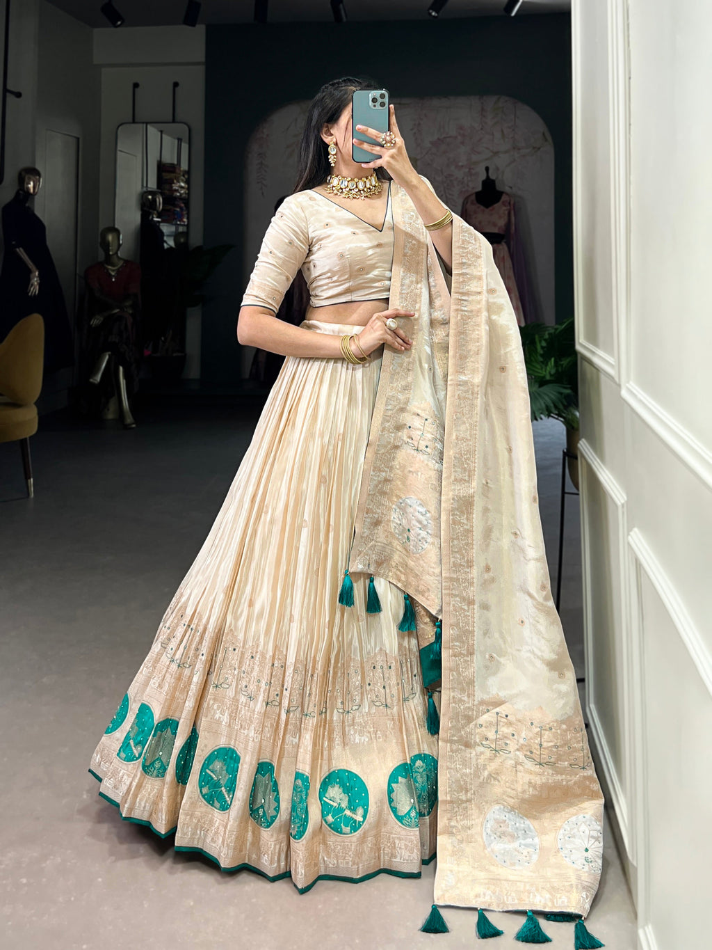 Lorenvalley Off White Pure Shimmer With Weaving Work with Mirror And Beads (Moti) Hand Work Lehenga Choli