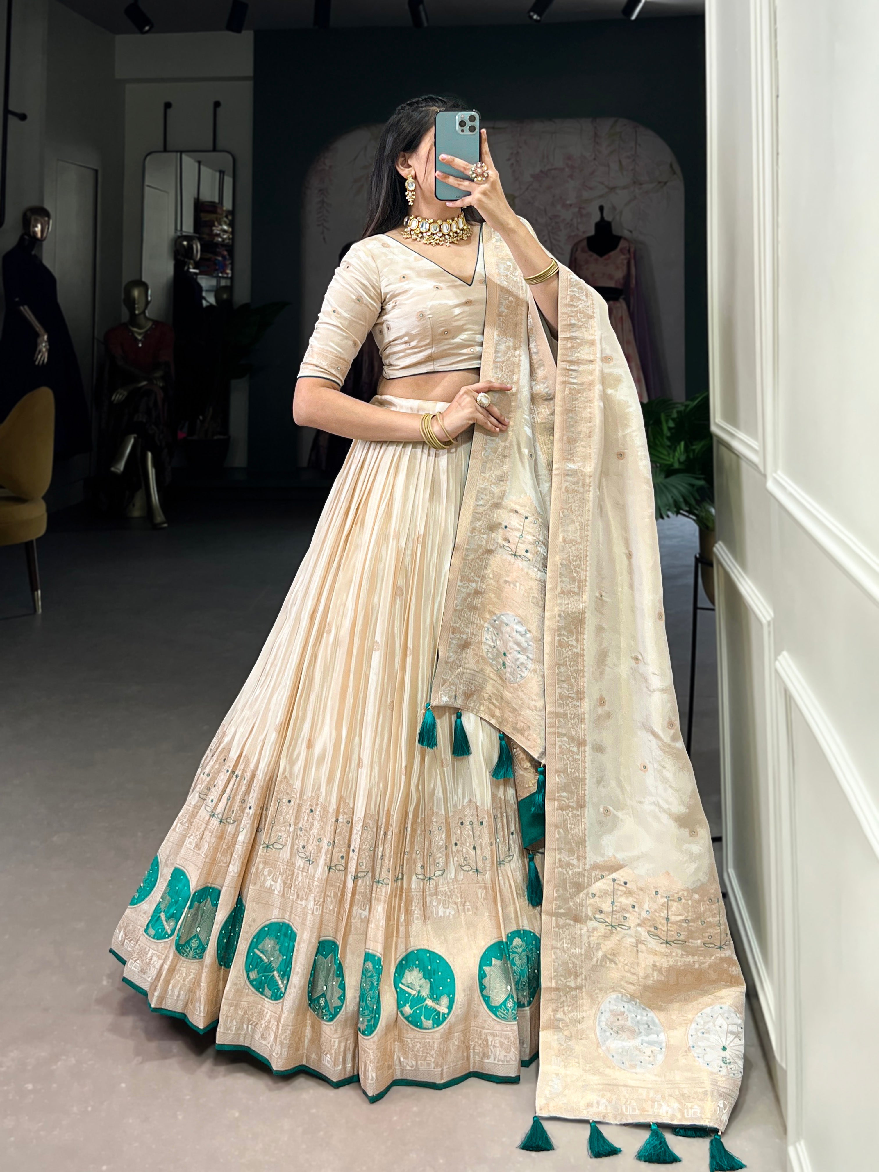 Lorenvalley Off White Pure Shimmer With Weaving Work with Mirror And Beads (Moti) Hand Work Lehenga Choli