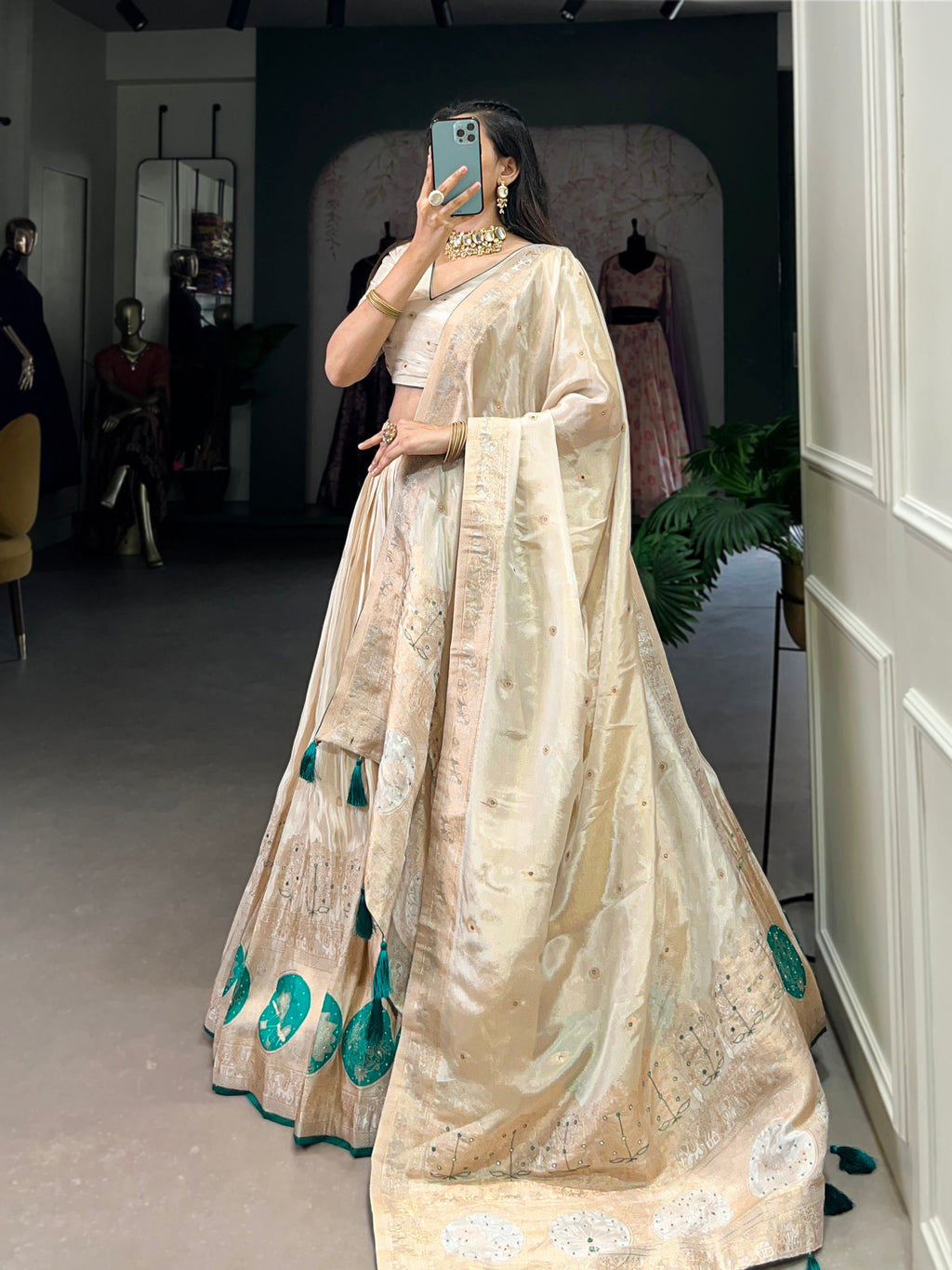 Lorenvalley Off White Pure Shimmer With Weaving Work with Mirror And Beads (Moti) Hand Work Lehenga Choli