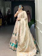 Lorenvalley Off White Pure Shimmer With Weaving Work with Mirror And Beads (Moti) Hand Work Lehenga Choli