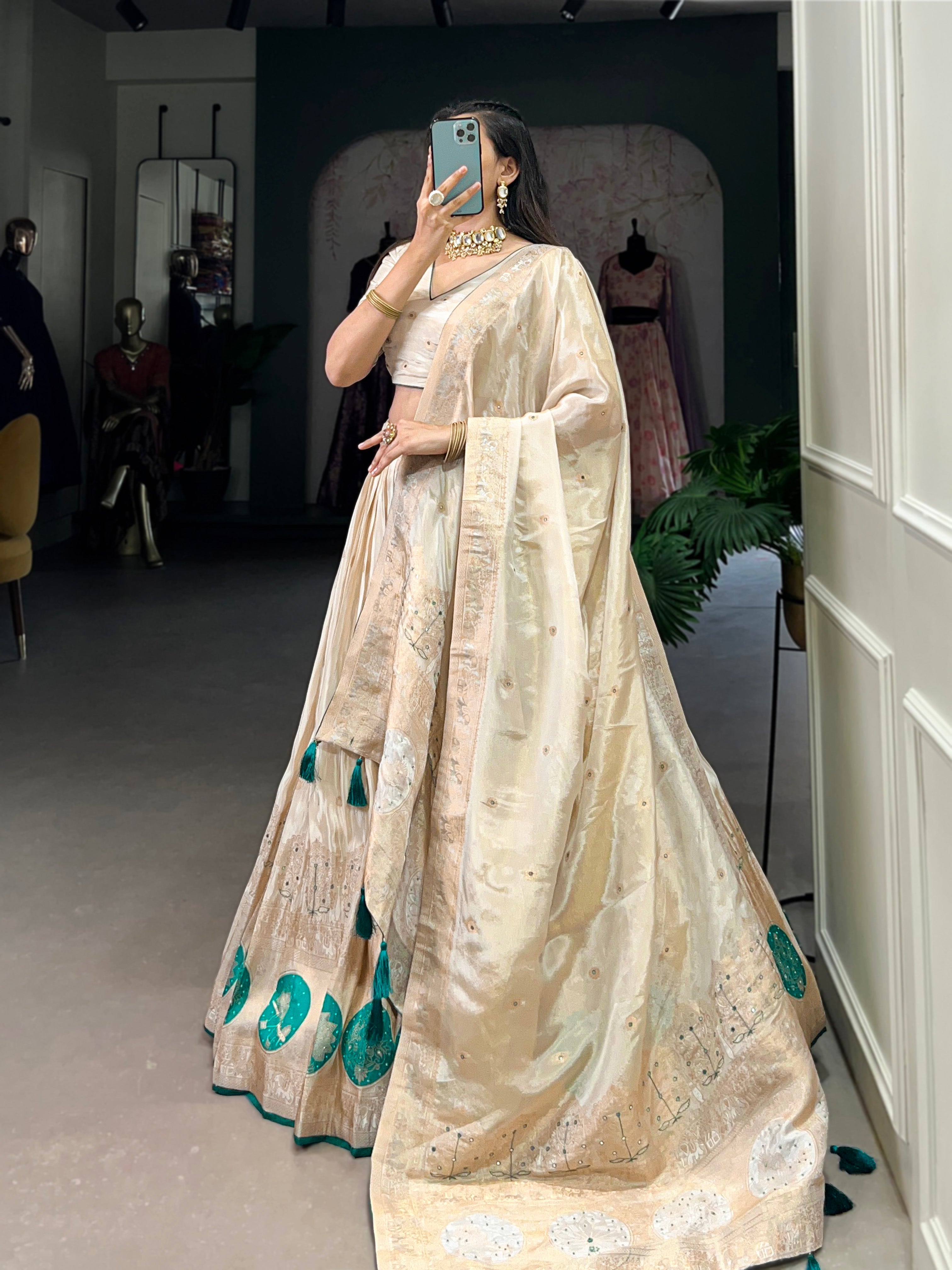 Lorenvalley Off White Pure Shimmer With Weaving Work with Mirror And Beads (Moti) Hand Work Lehenga Choli