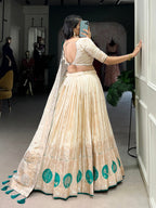 Lorenvalley Off White Pure Shimmer With Weaving Work with Mirror And Beads (Moti) Hand Work Lehenga Choli