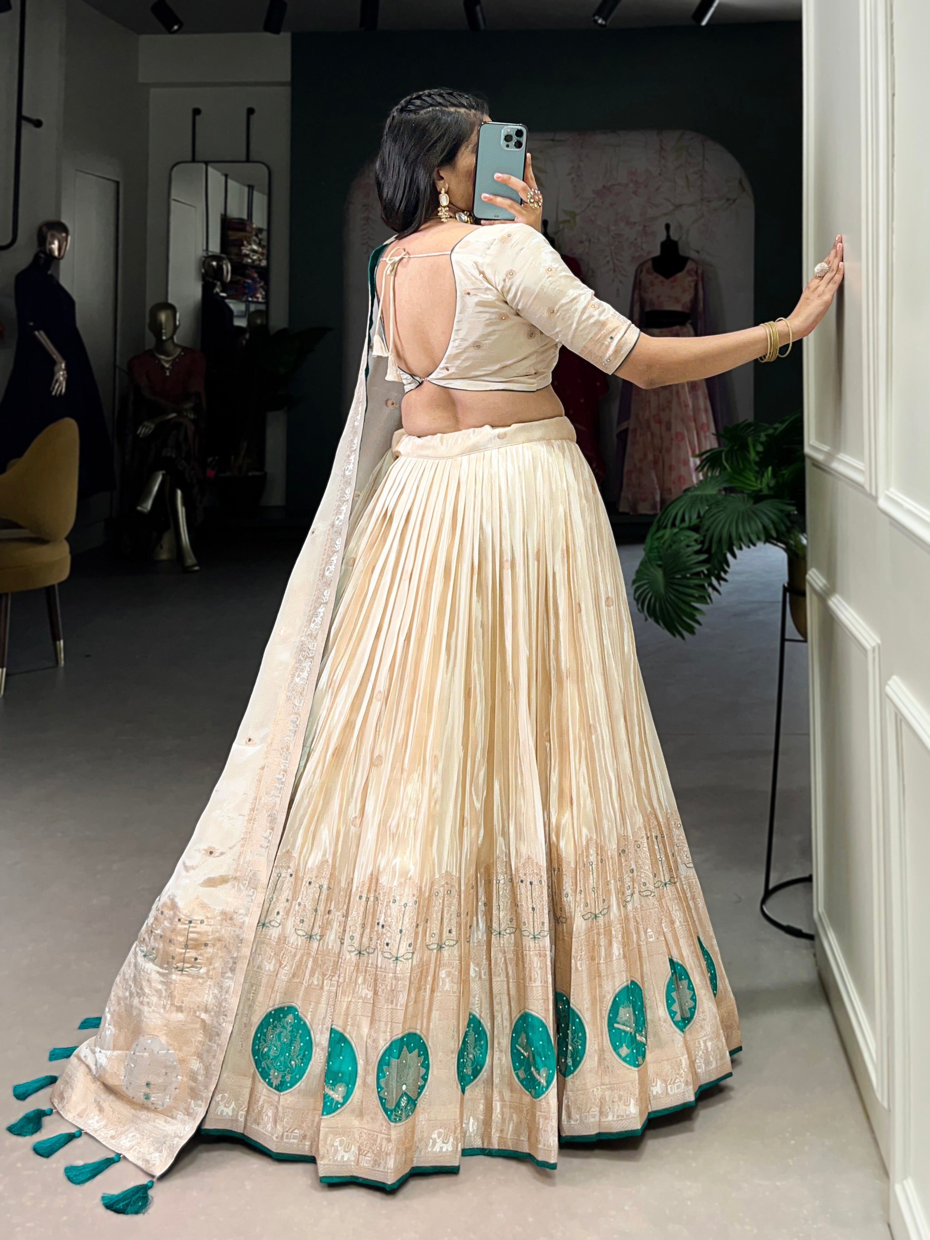 Lorenvalley Off White Pure Shimmer With Weaving Work with Mirror And Beads (Moti) Hand Work Lehenga Choli