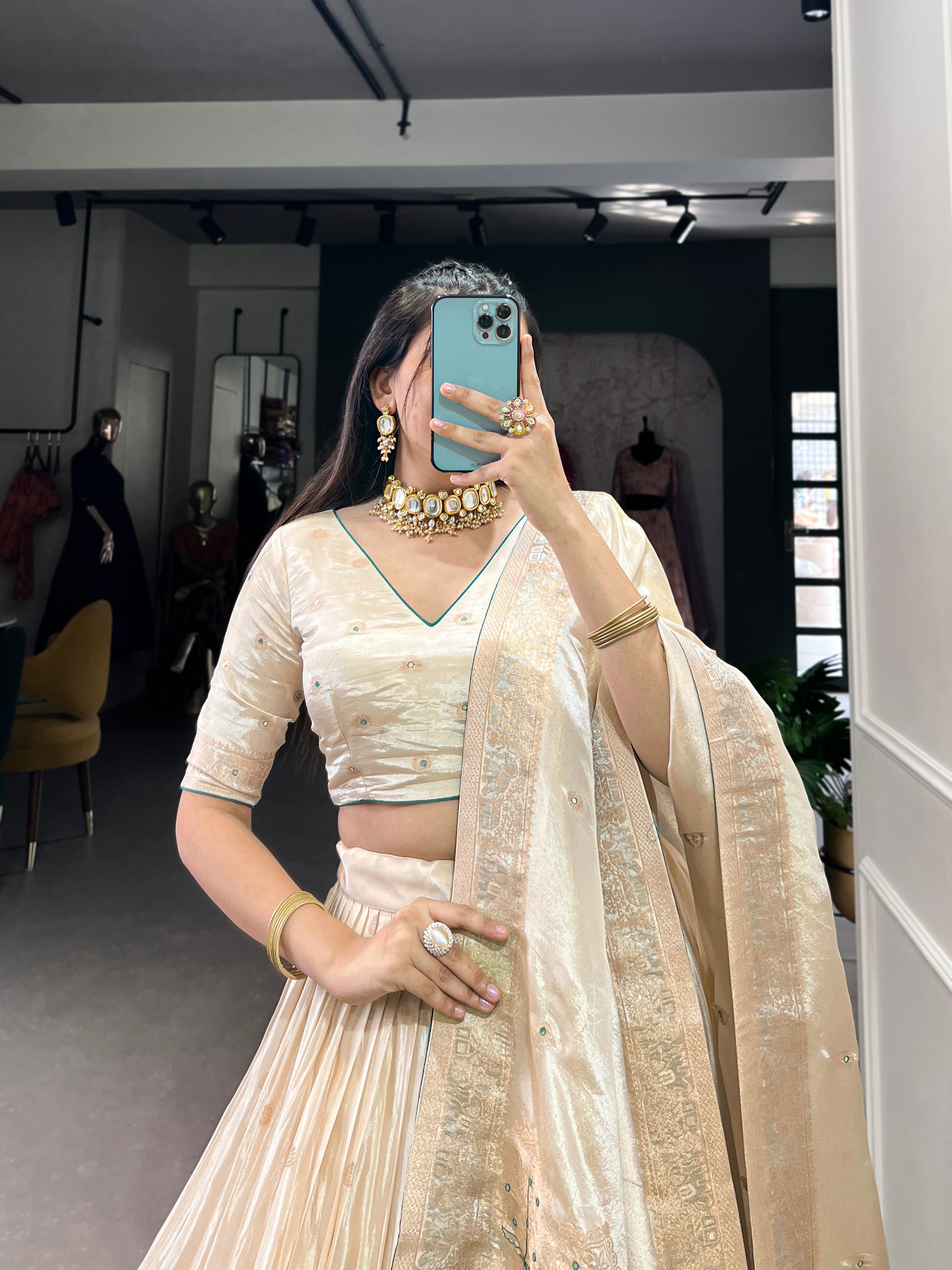Lorenvalley Off White Pure Shimmer With Weaving Work with Mirror And Beads (Moti) Hand Work Lehenga Choli