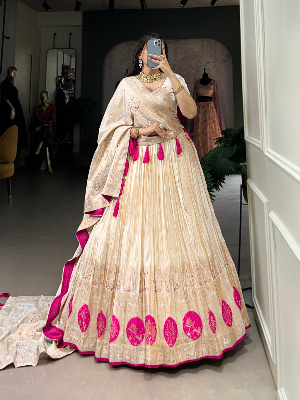 Lorenvalley Off White Pure Shimmer With Weaving Work with Mirror And Beads (Moti) Hand Work Lehenga Choli