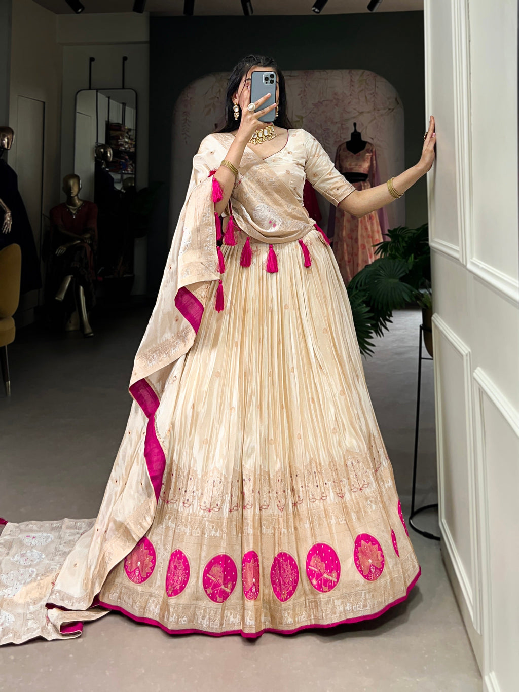 Lorenvalley Off White Pure Shimmer With Weaving Work with Mirror And Beads (Moti) Hand Work Lehenga Choli