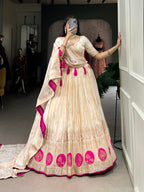 Lorenvalley Off White Pure Shimmer With Weaving Work with Mirror And Beads (Moti) Hand Work Lehenga Choli