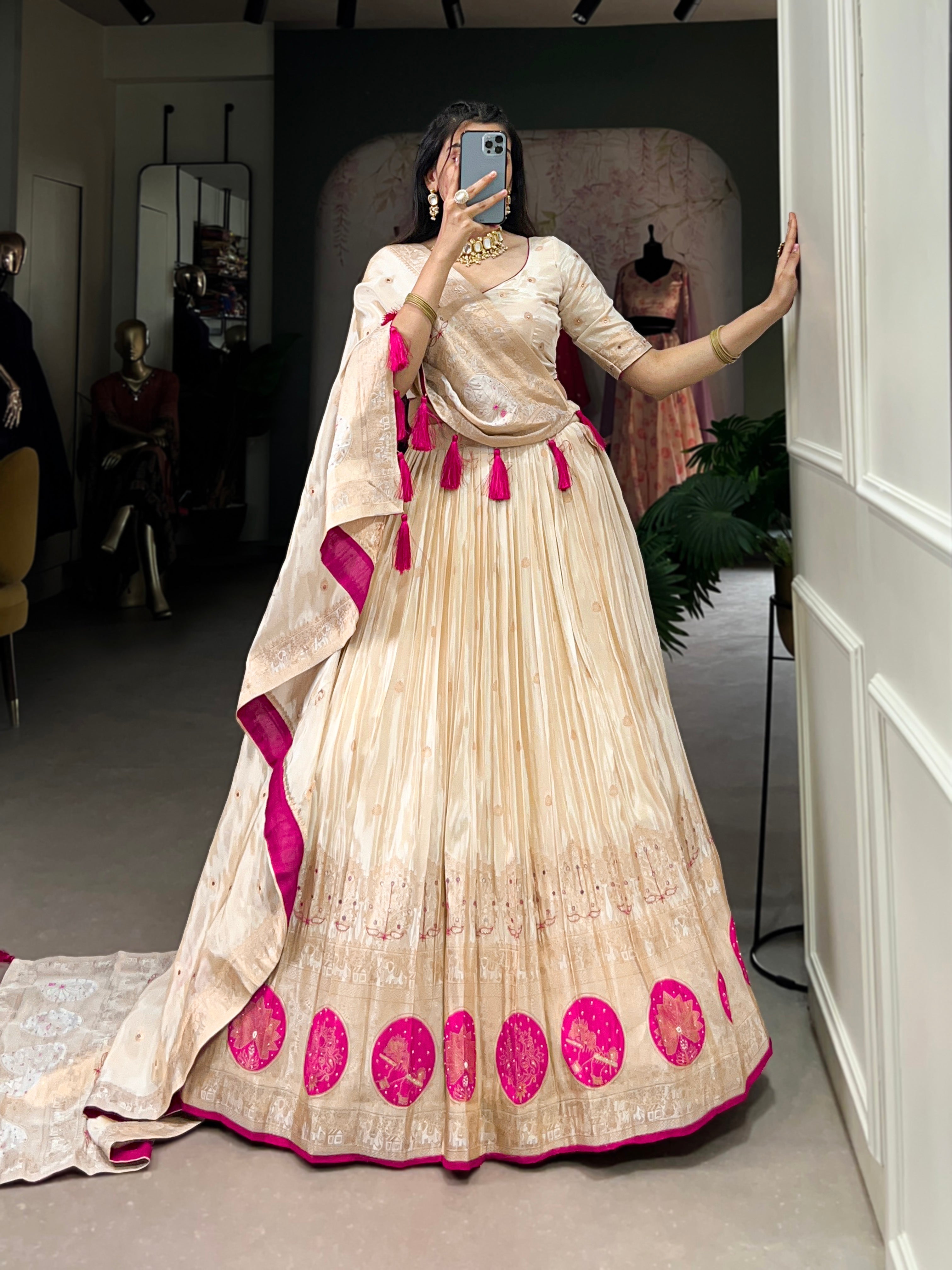Lorenvalley Off White Pure Shimmer With Weaving Work with Mirror And Beads (Moti) Hand Work Lehenga Choli