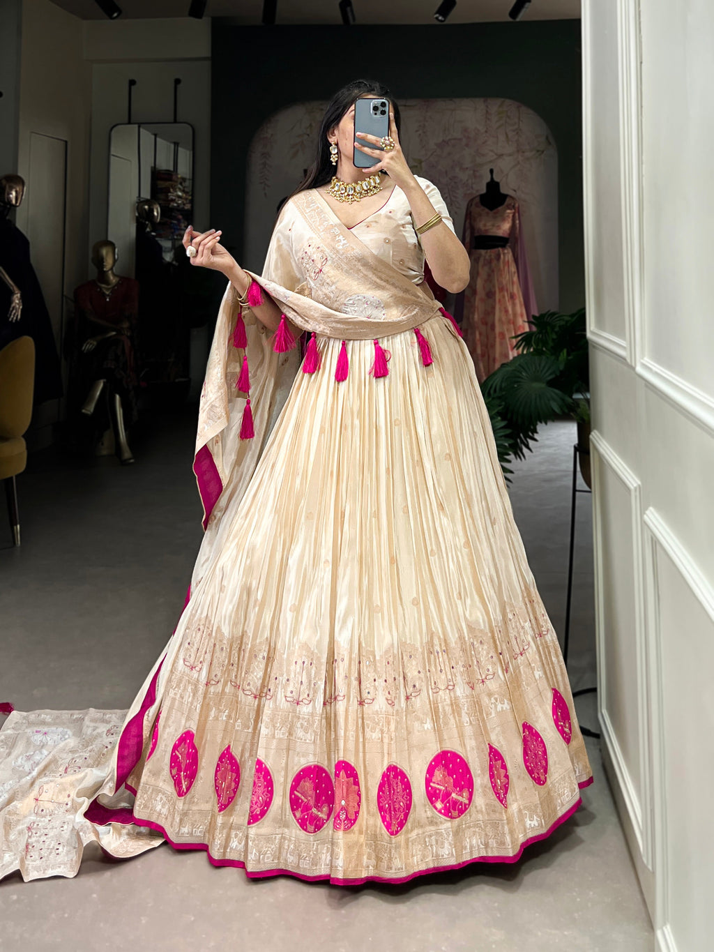 Lorenvalley Off White Pure Shimmer With Weaving Work with Mirror And Beads (Moti) Hand Work Lehenga Choli