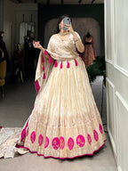 Lorenvalley Off White Pure Shimmer With Weaving Work with Mirror And Beads (Moti) Hand Work Lehenga Choli