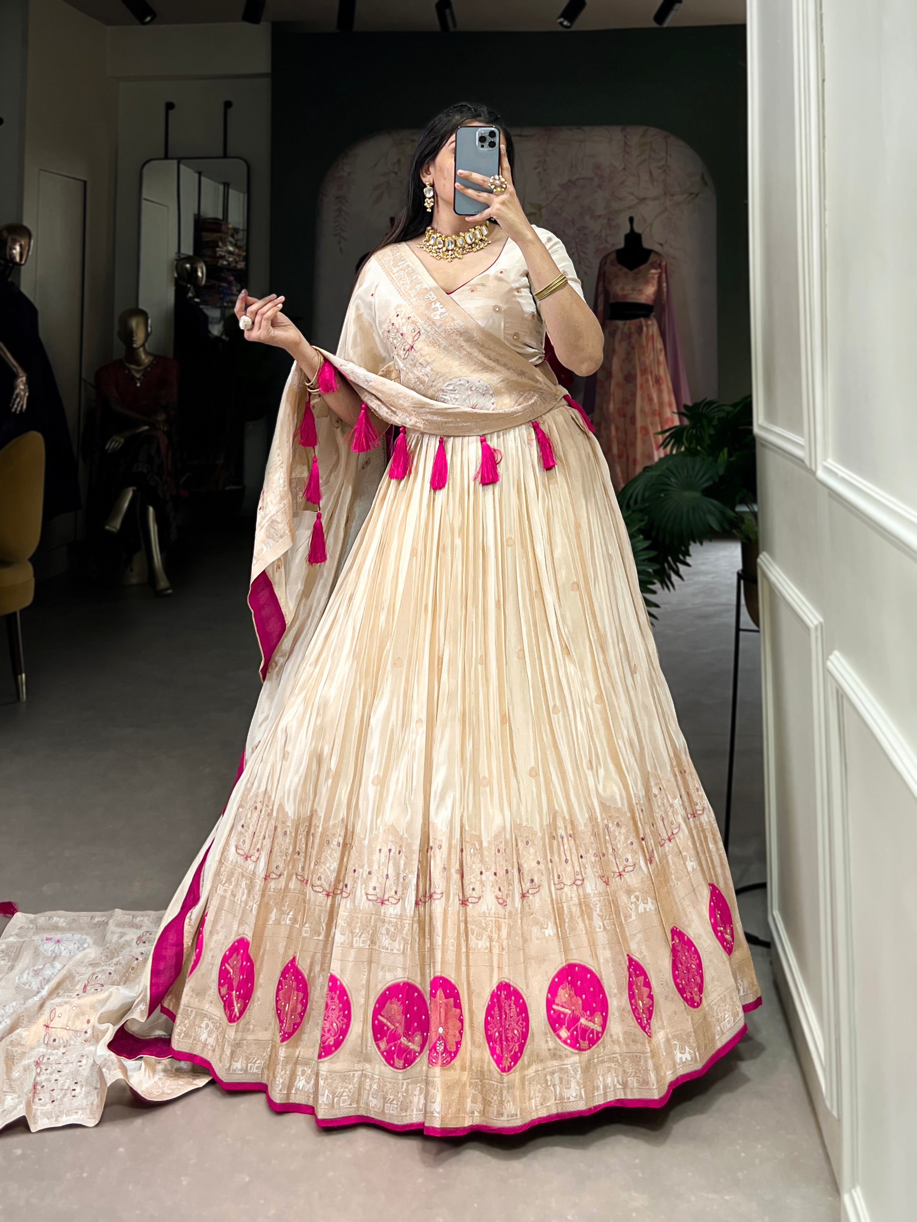 Lorenvalley Off White Pure Shimmer With Weaving Work with Mirror And Beads (Moti) Hand Work Lehenga Choli
