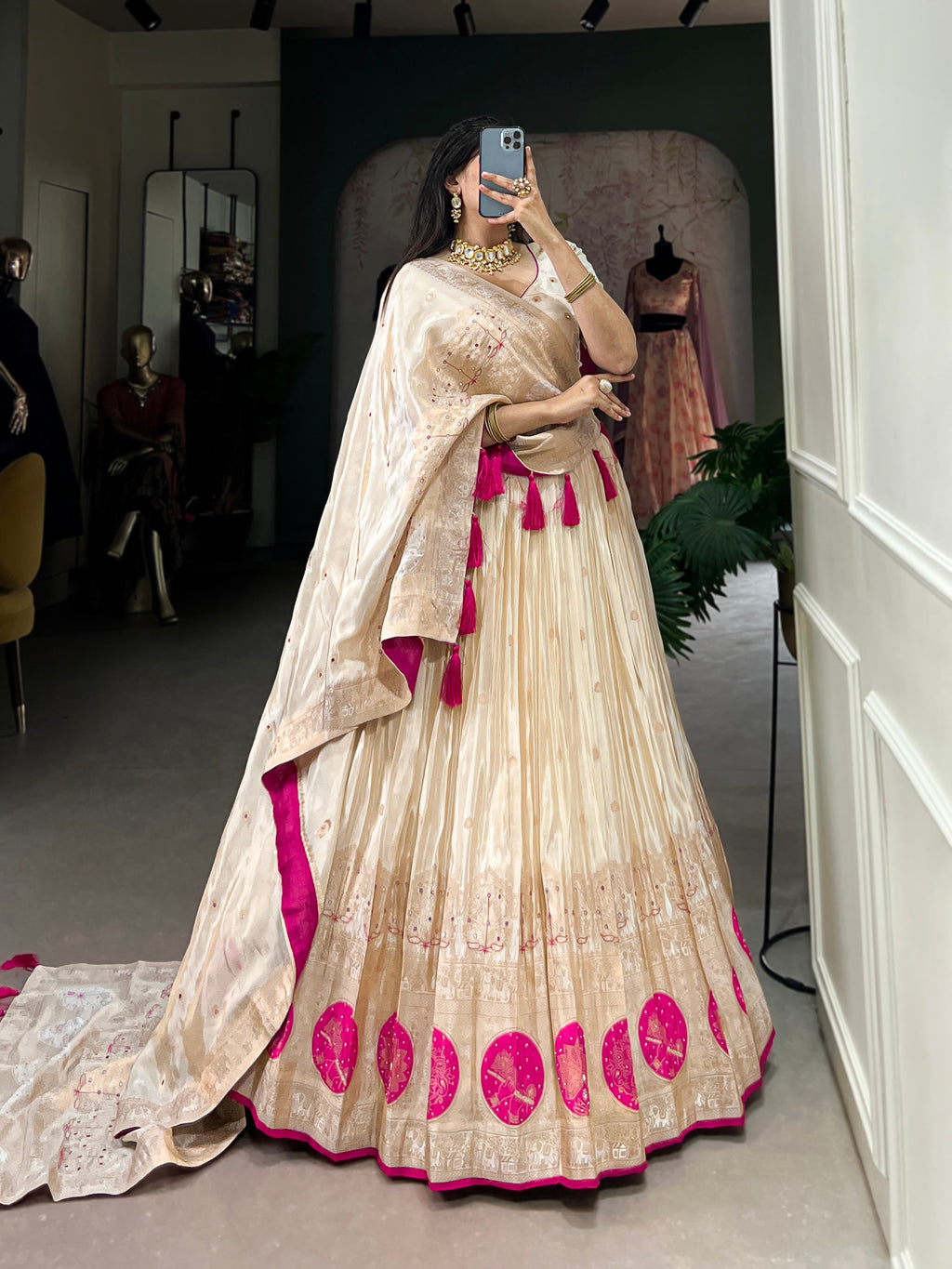 Lorenvalley Off White Pure Shimmer With Weaving Work with Mirror And Beads (Moti) Hand Work Lehenga Choli