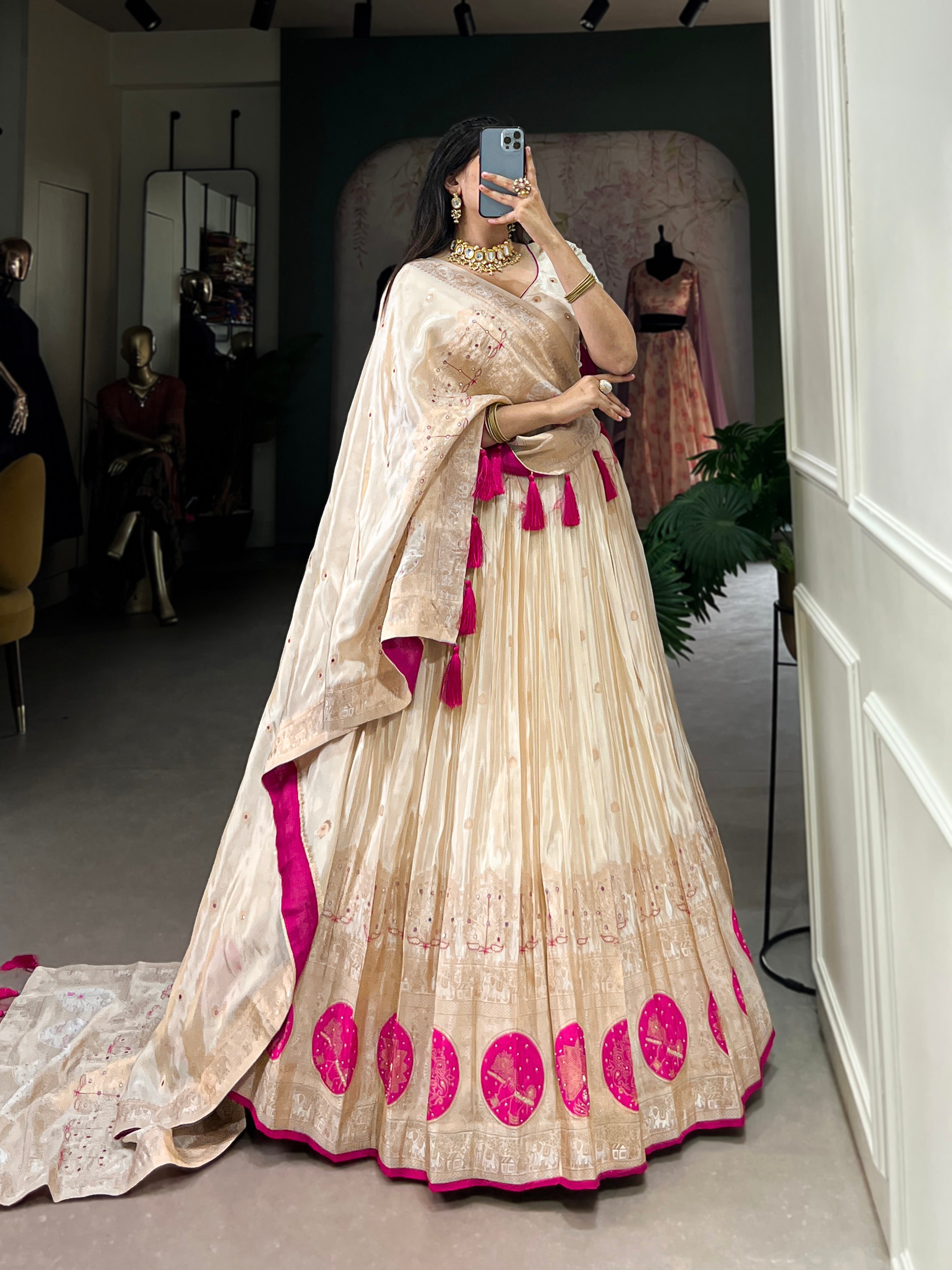 Lorenvalley Off White Pure Shimmer With Weaving Work with Mirror And Beads (Moti) Hand Work Lehenga Choli