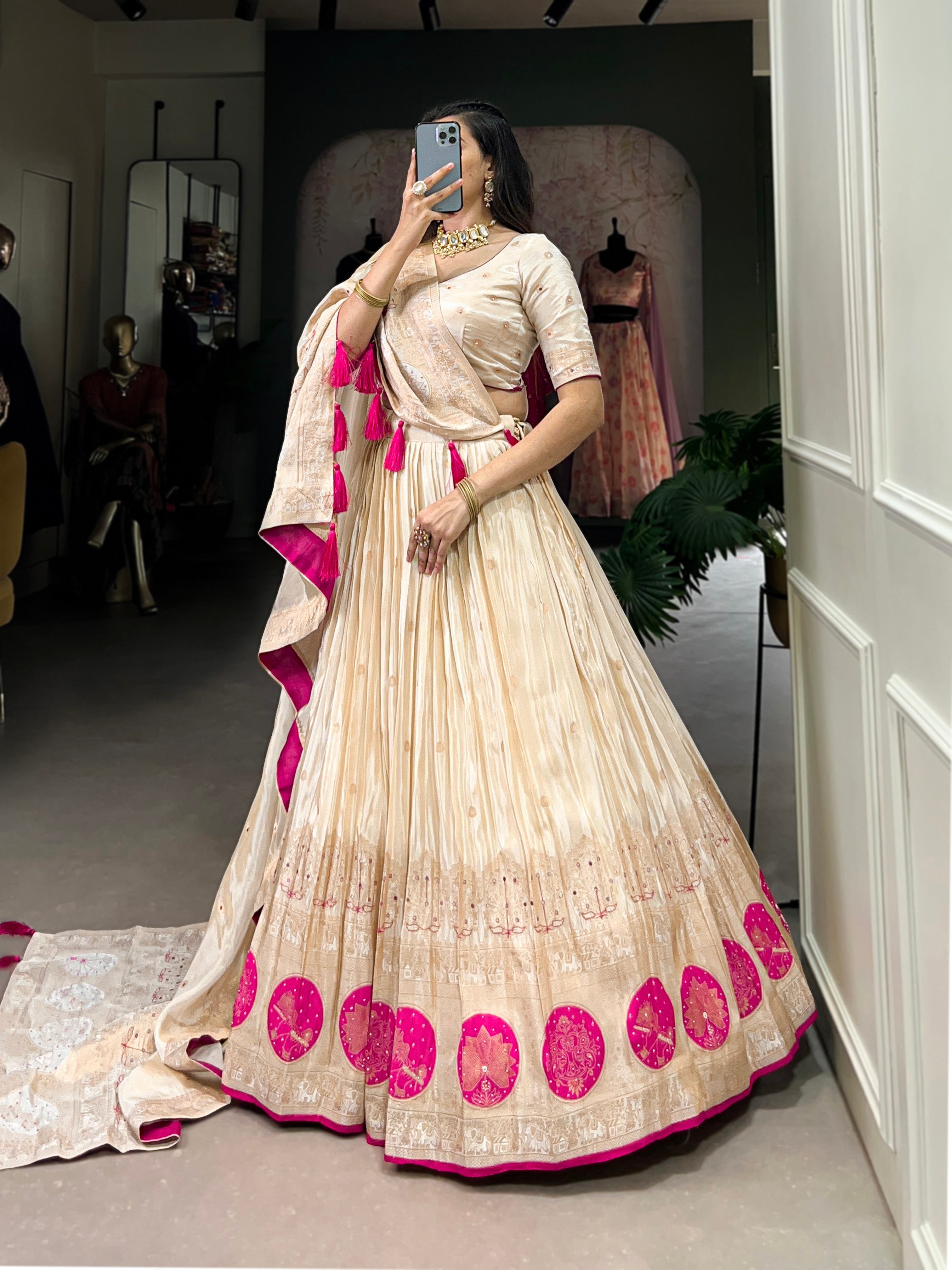 Lorenvalley Off White Pure Shimmer With Weaving Work with Mirror And Beads (Moti) Hand Work Lehenga Choli