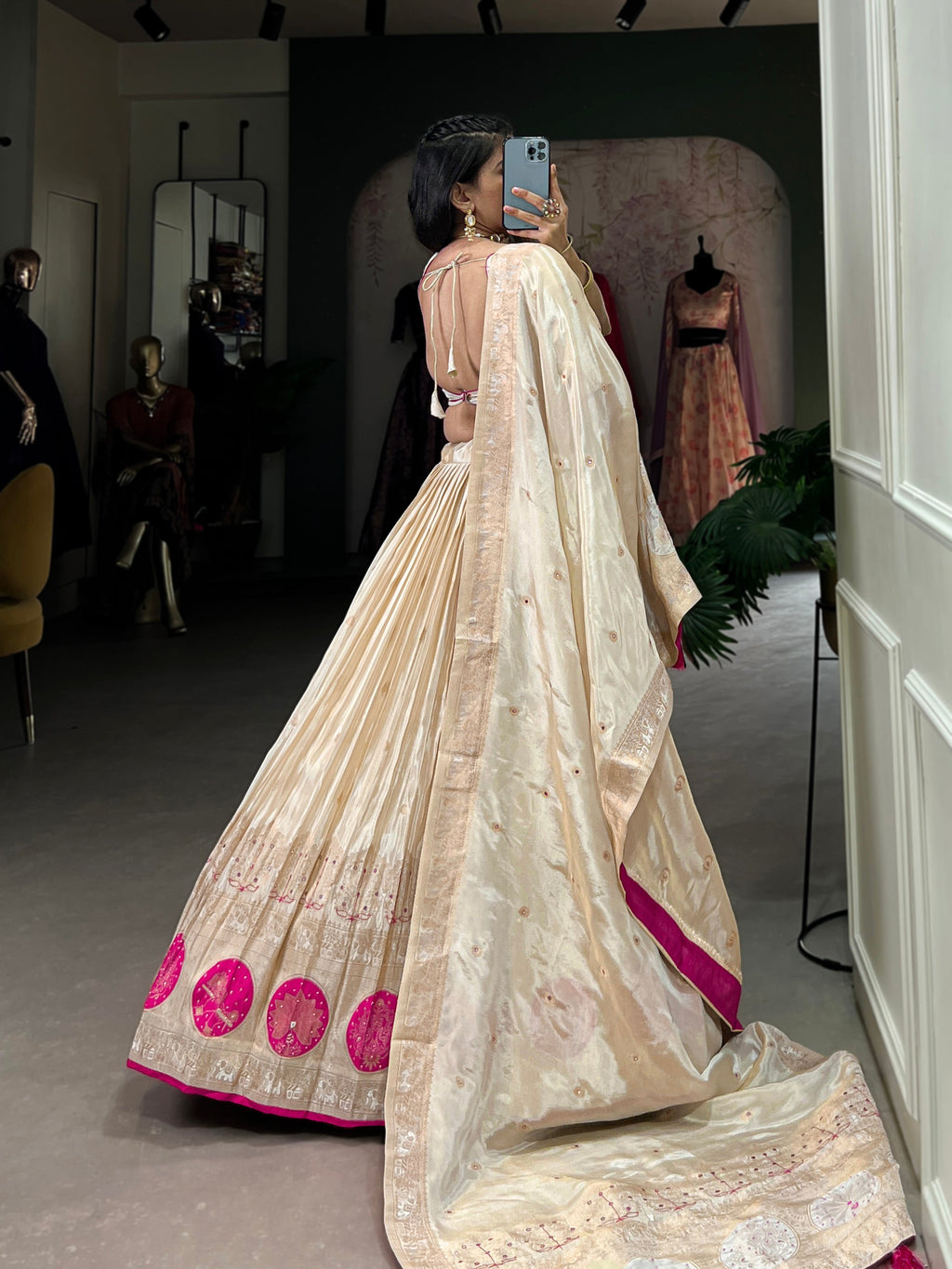 Lorenvalley Off White Pure Shimmer With Weaving Work with Mirror And Beads (Moti) Hand Work Lehenga Choli