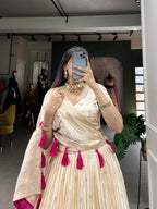 Lorenvalley Off White Pure Shimmer With Weaving Work with Mirror And Beads (Moti) Hand Work Lehenga Choli