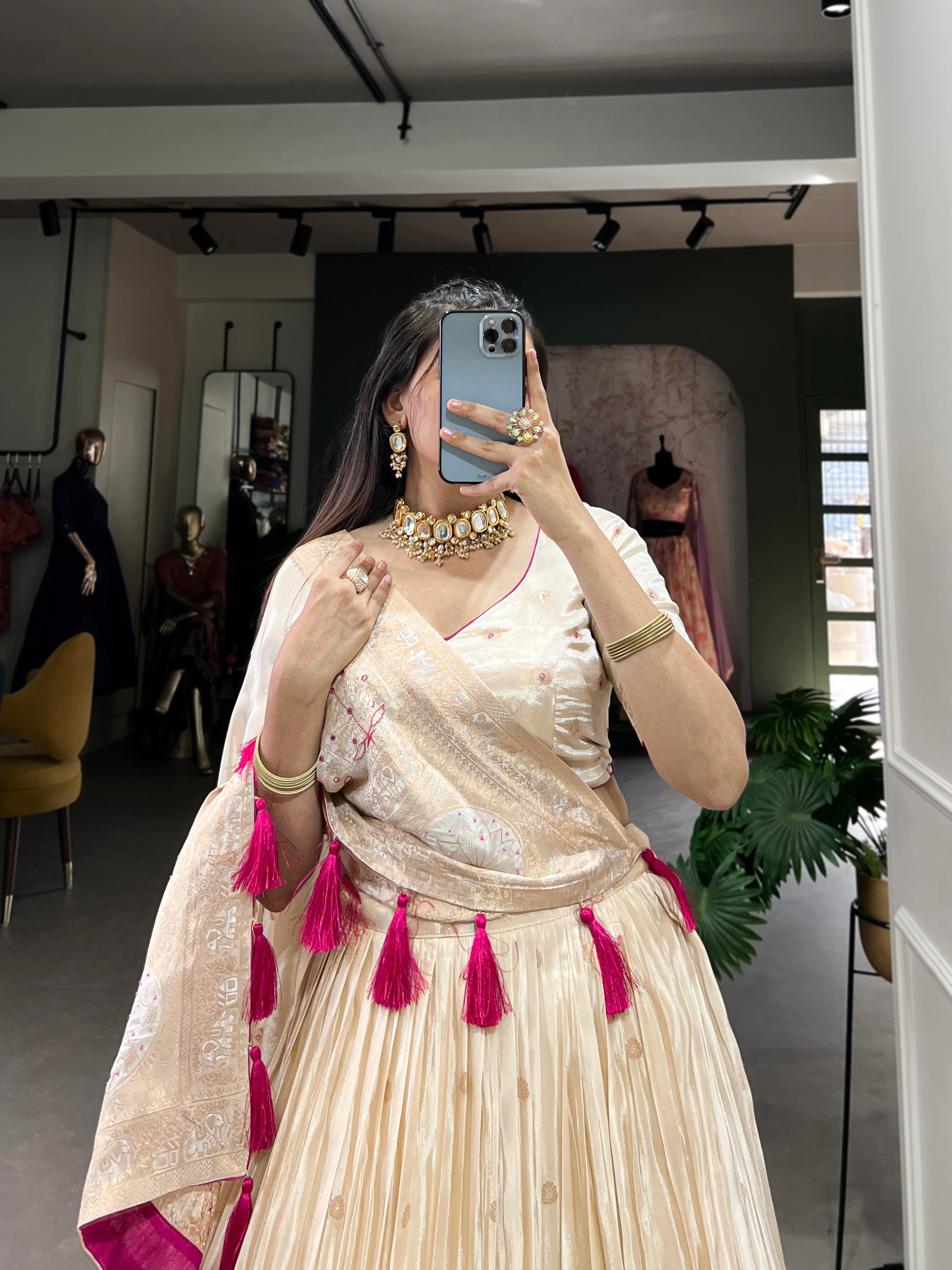 Lorenvalley Off White Pure Shimmer With Weaving Work with Mirror And Beads (Moti) Hand Work Lehenga Choli
