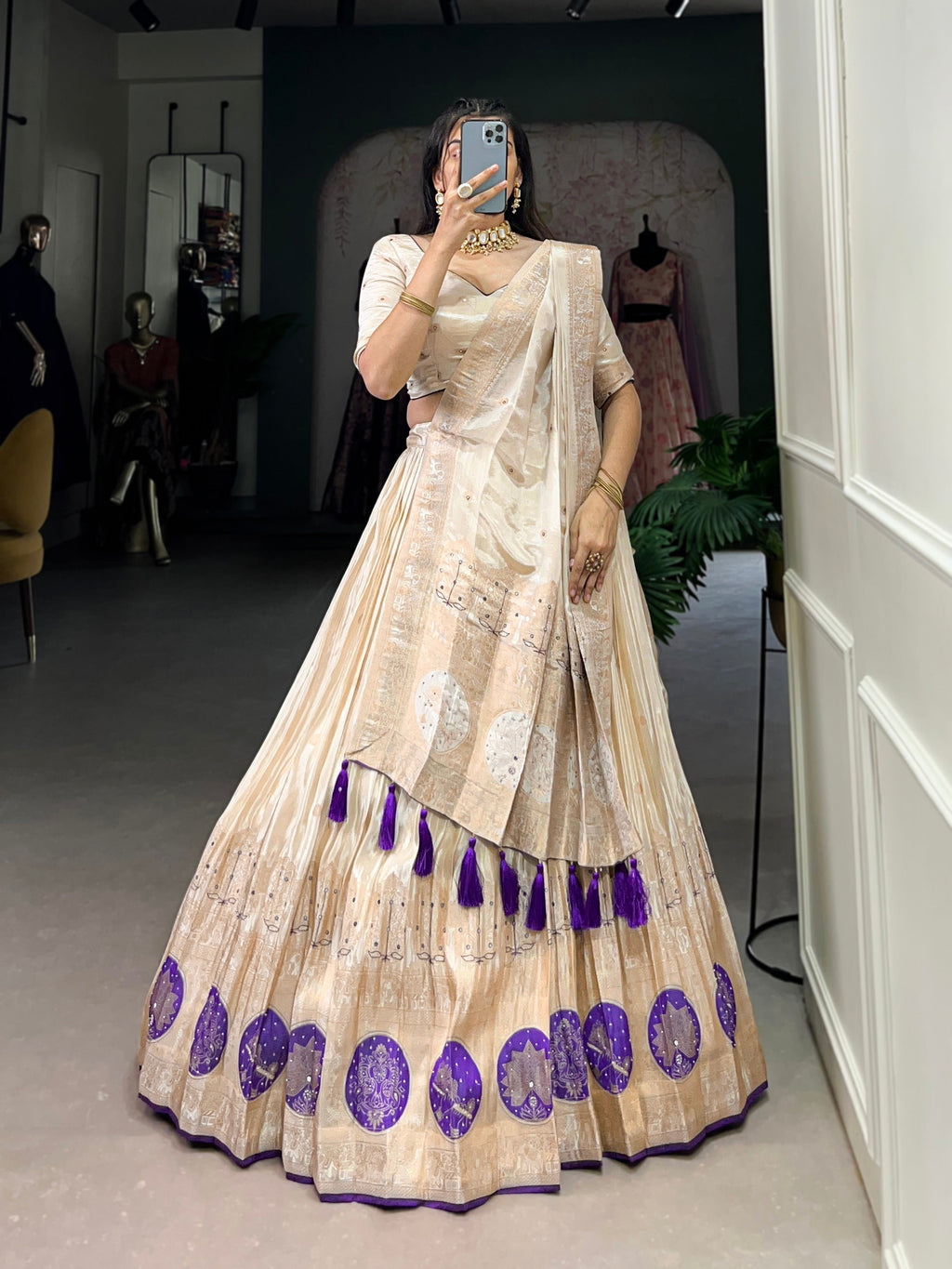 Lorenvalley Off White Pure Shimmer With Weaving Work with Mirror And Beads (Moti) Hand Work Lehenga Choli