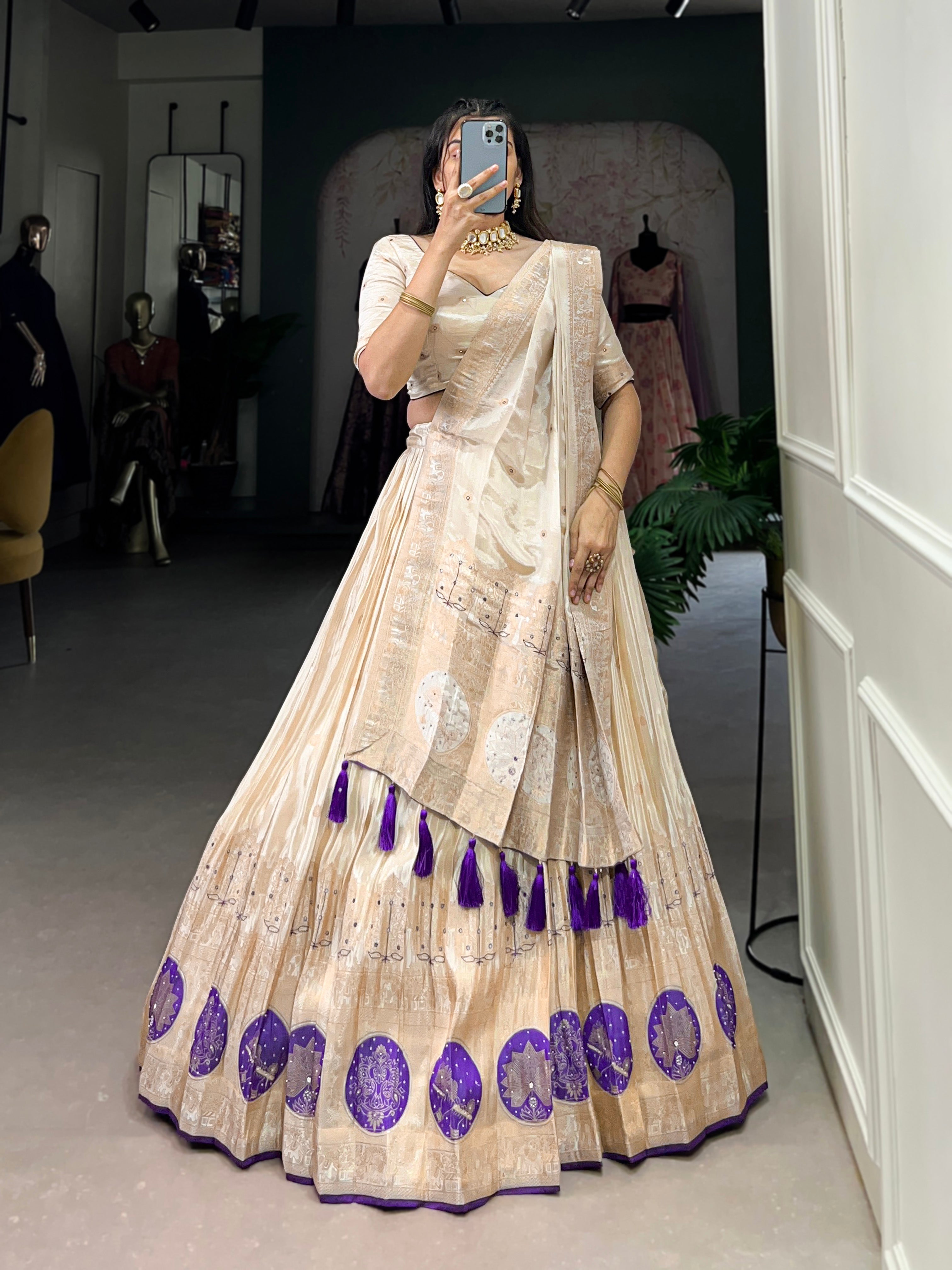 Lorenvalley Off White Pure Shimmer With Weaving Work with Mirror And Beads (Moti) Hand Work Lehenga Choli
