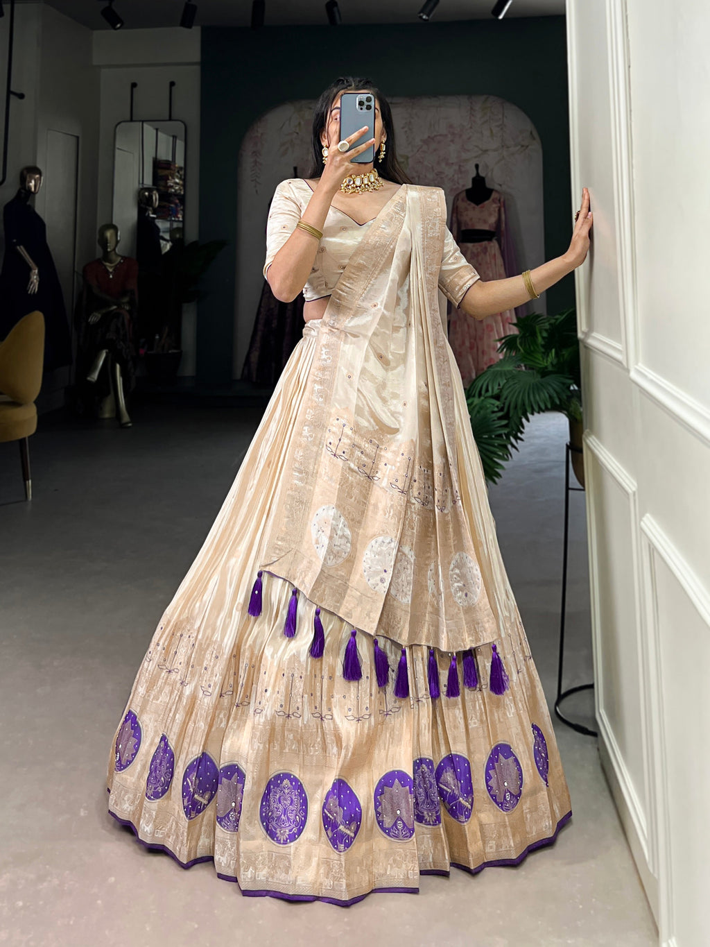 Lorenvalley Off White Pure Shimmer With Weaving Work with Mirror And Beads (Moti) Hand Work Lehenga Choli