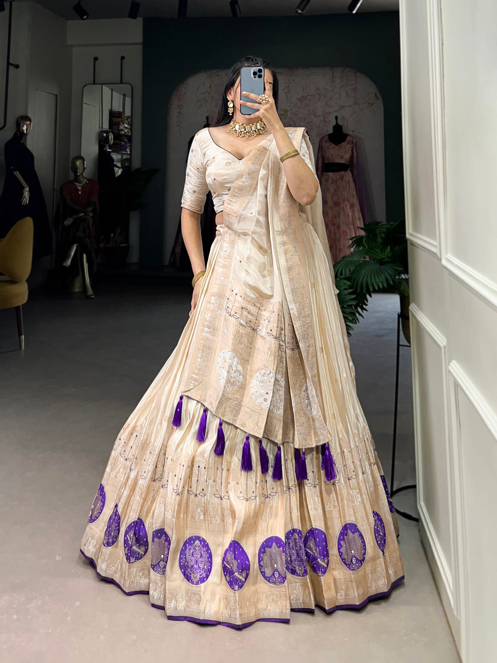 Lorenvalley Off White Pure Shimmer With Weaving Work with Mirror And Beads (Moti) Hand Work Lehenga Choli