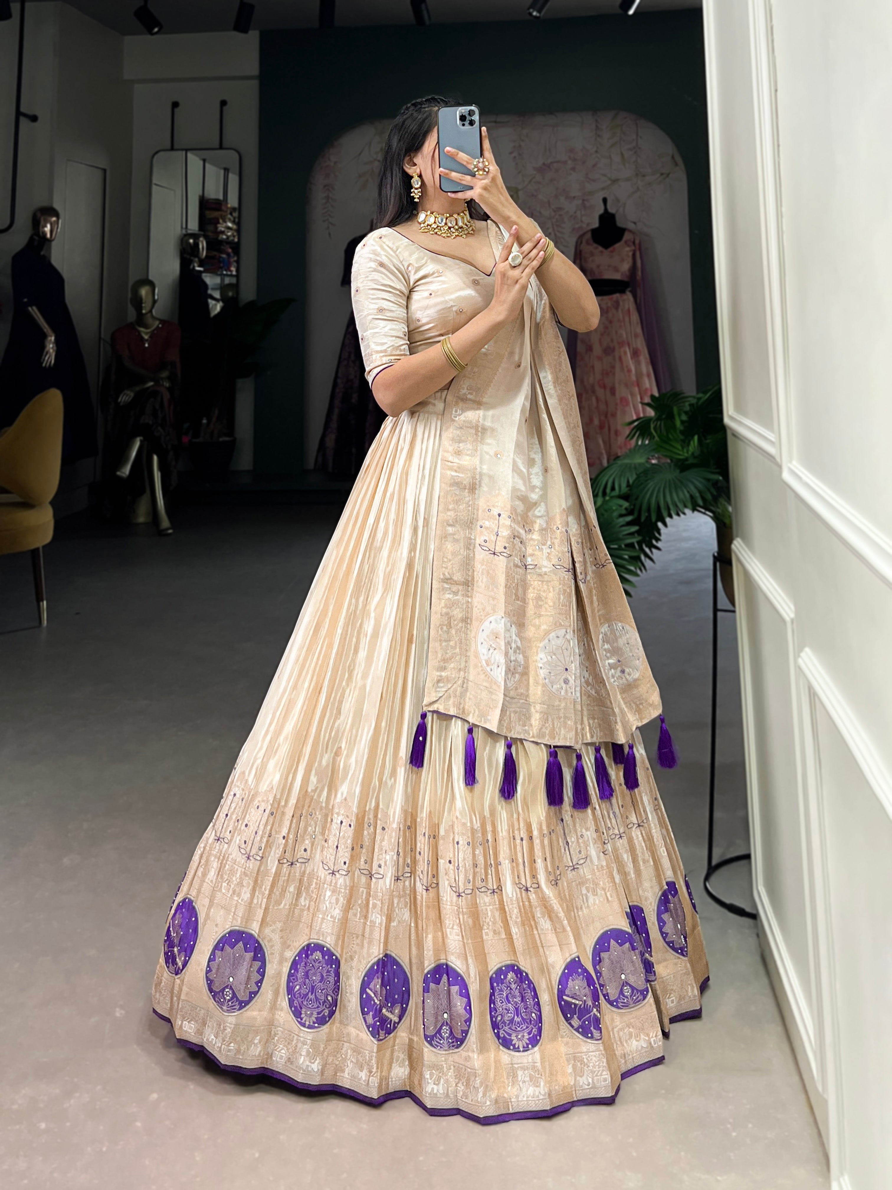Lorenvalley Off White Pure Shimmer With Weaving Work with Mirror And Beads (Moti) Hand Work Lehenga Choli