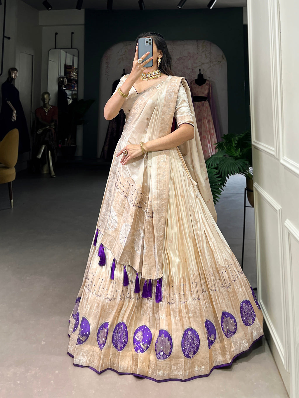Lorenvalley Off White Pure Shimmer With Weaving Work with Mirror And Beads (Moti) Hand Work Lehenga Choli