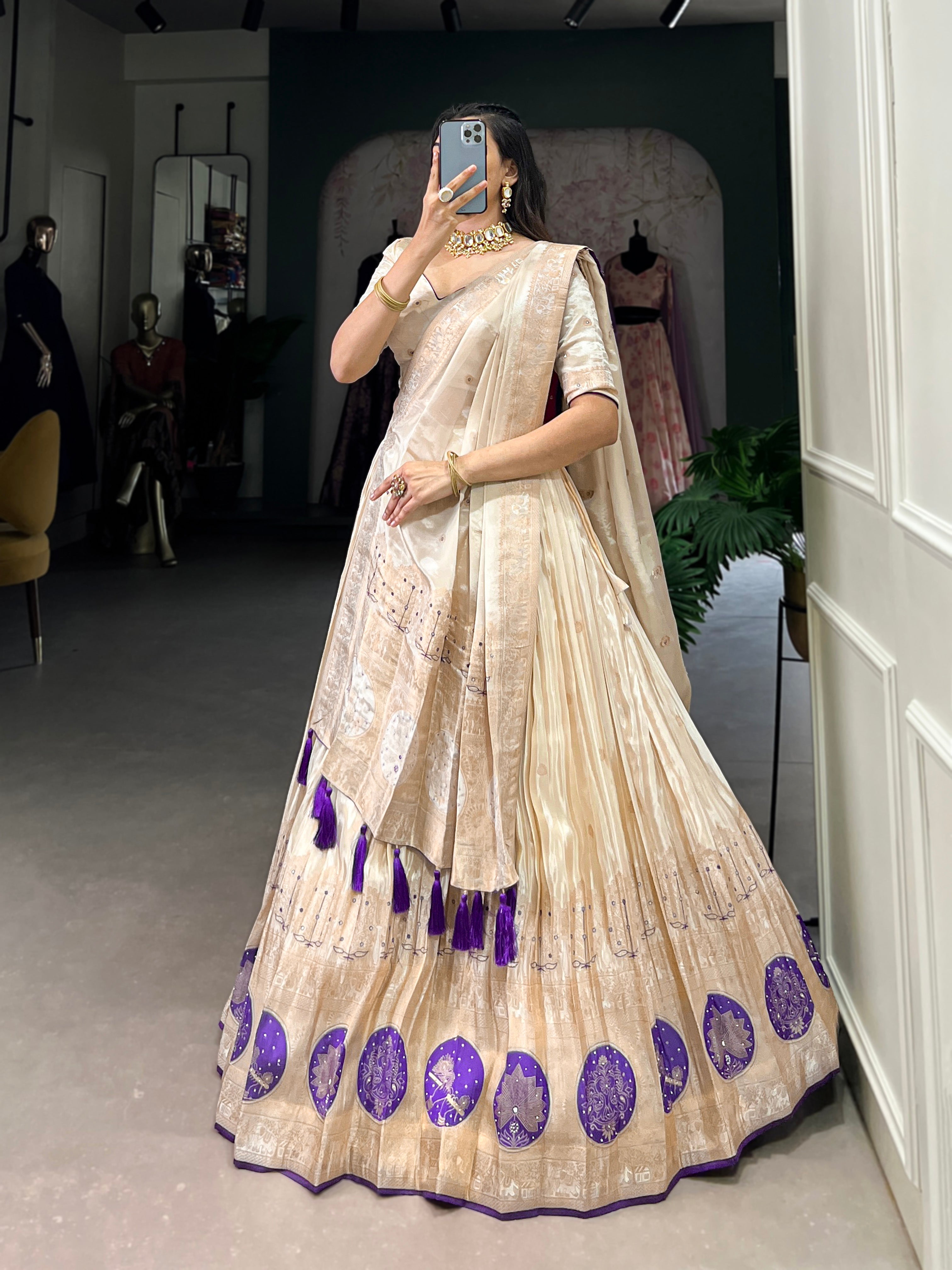 Lorenvalley Off White Pure Shimmer With Weaving Work with Mirror And Beads (Moti) Hand Work Lehenga Choli