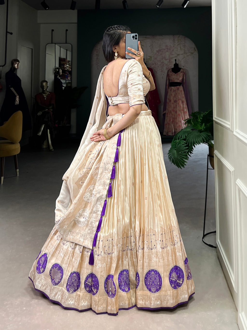 Lorenvalley Off White Pure Shimmer With Weaving Work with Mirror And Beads (Moti) Hand Work Lehenga Choli