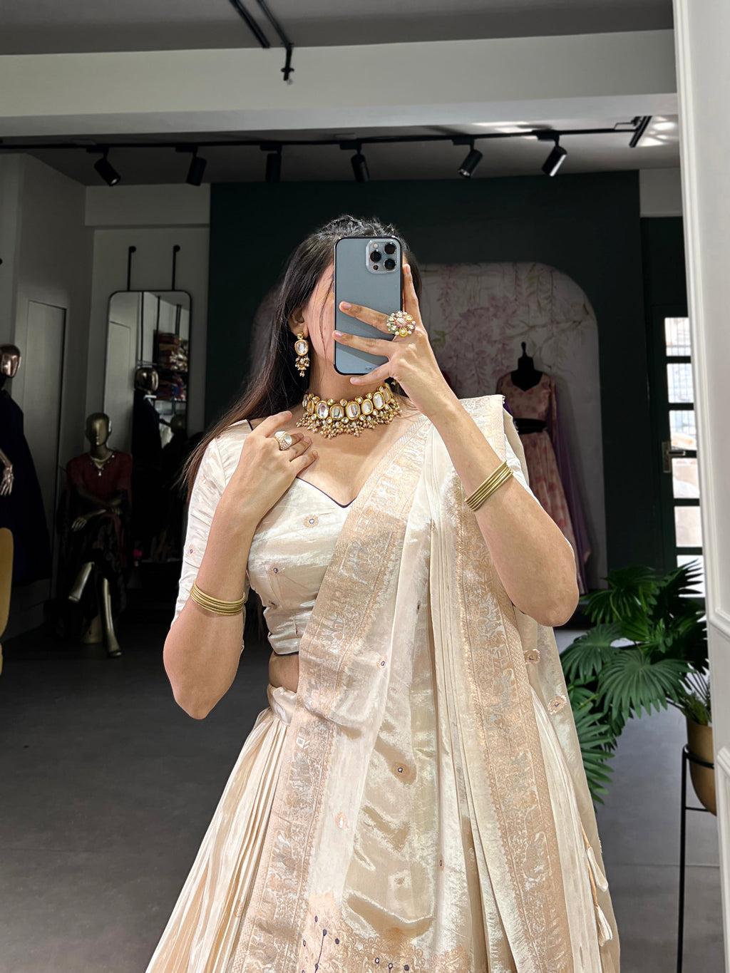 Lorenvalley Off White Pure Shimmer With Weaving Work with Mirror And Beads (Moti) Hand Work Lehenga Choli