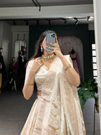 Lorenvalley Off White Pure Shimmer With Weaving Work with Mirror And Beads (Moti) Hand Work Lehenga Choli