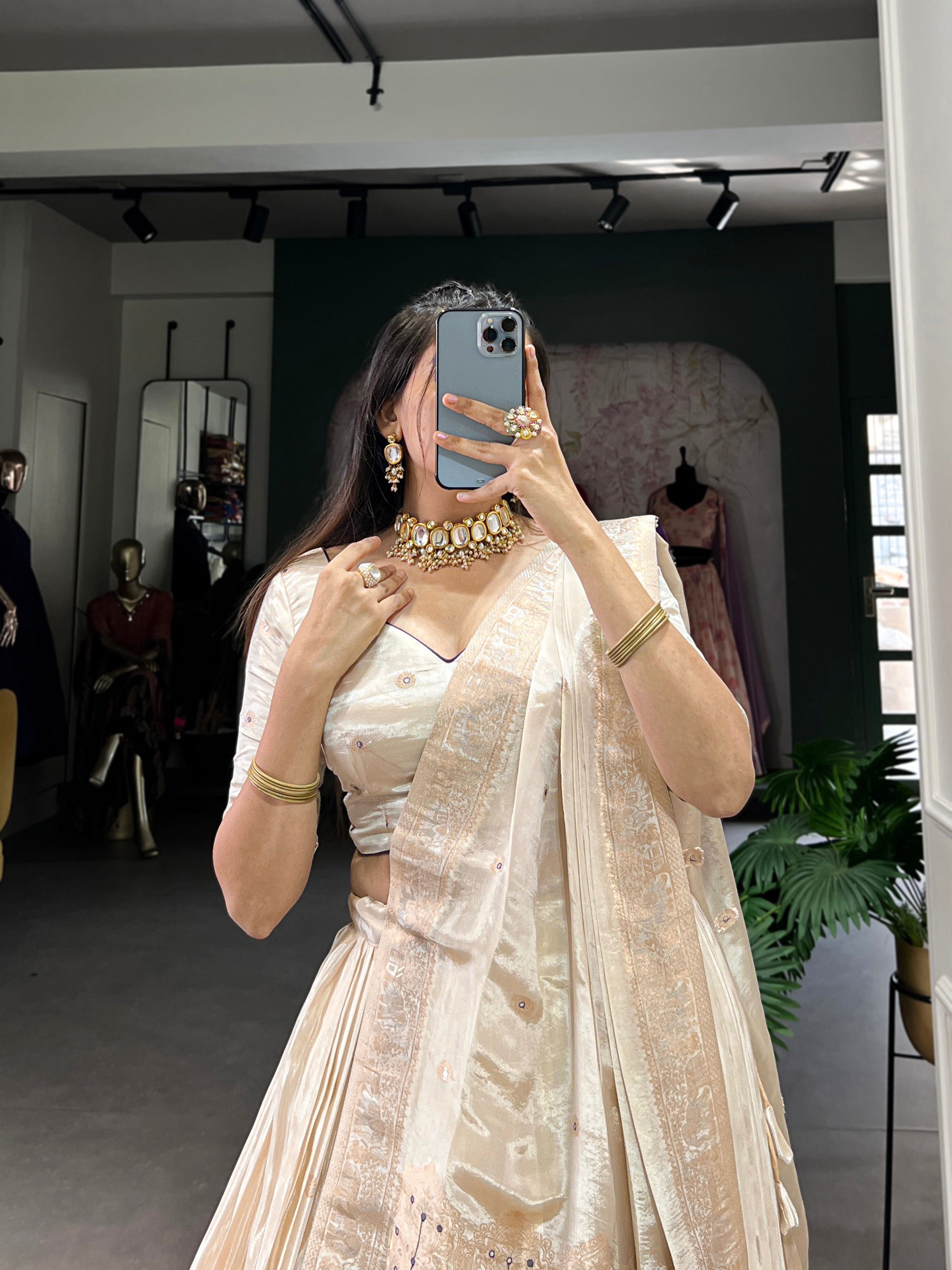 Lorenvalley Off White Pure Shimmer With Weaving Work with Mirror And Beads (Moti) Hand Work Lehenga Choli
