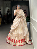 Lorenvalley Off White Pure Shimmer With Weaving Work with Mirror And Beads (Moti) Hand Work Lehenga Choli