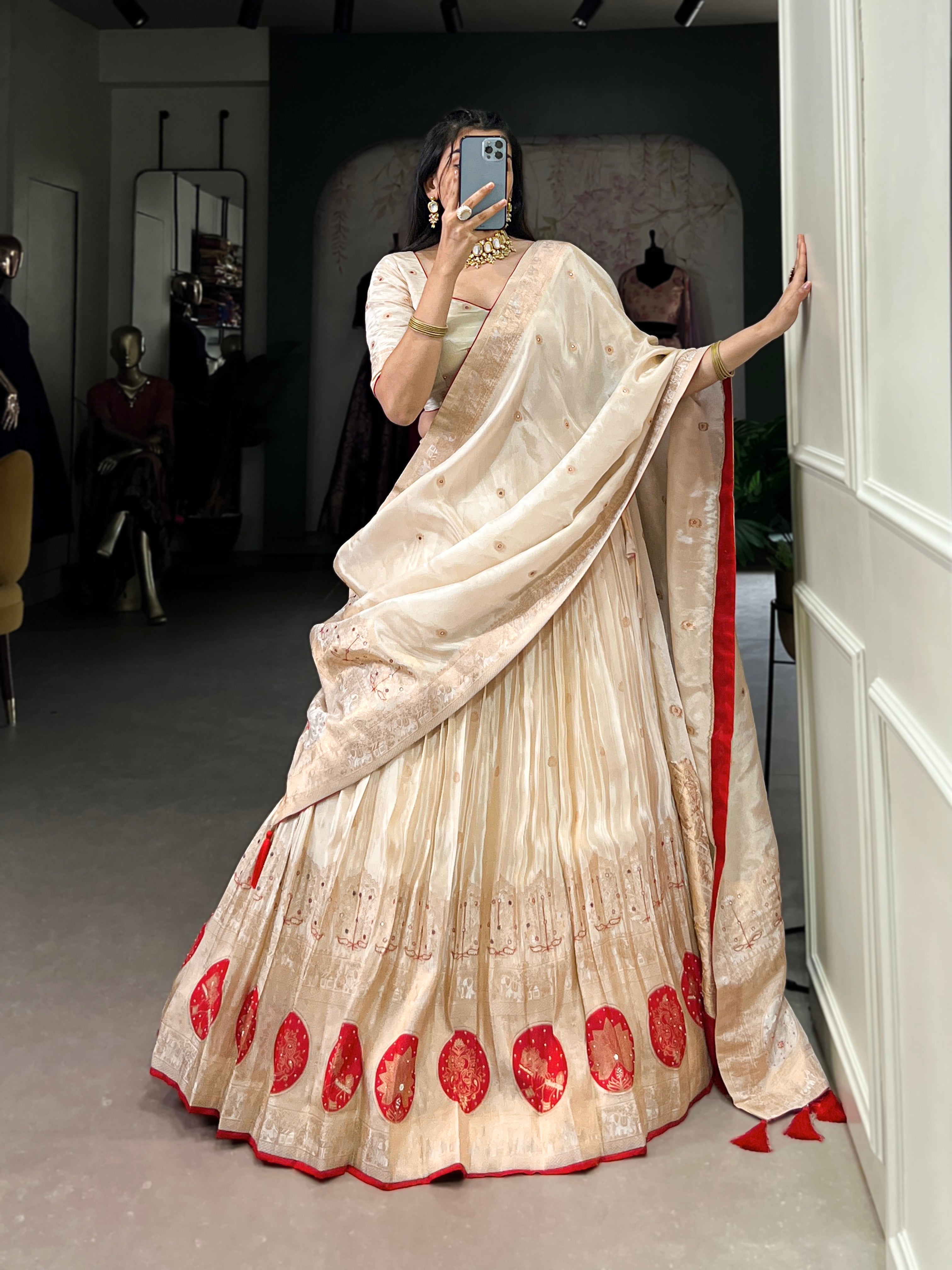 Lorenvalley Off White Pure Shimmer With Weaving Work with Mirror And Beads (Moti) Hand Work Lehenga Choli