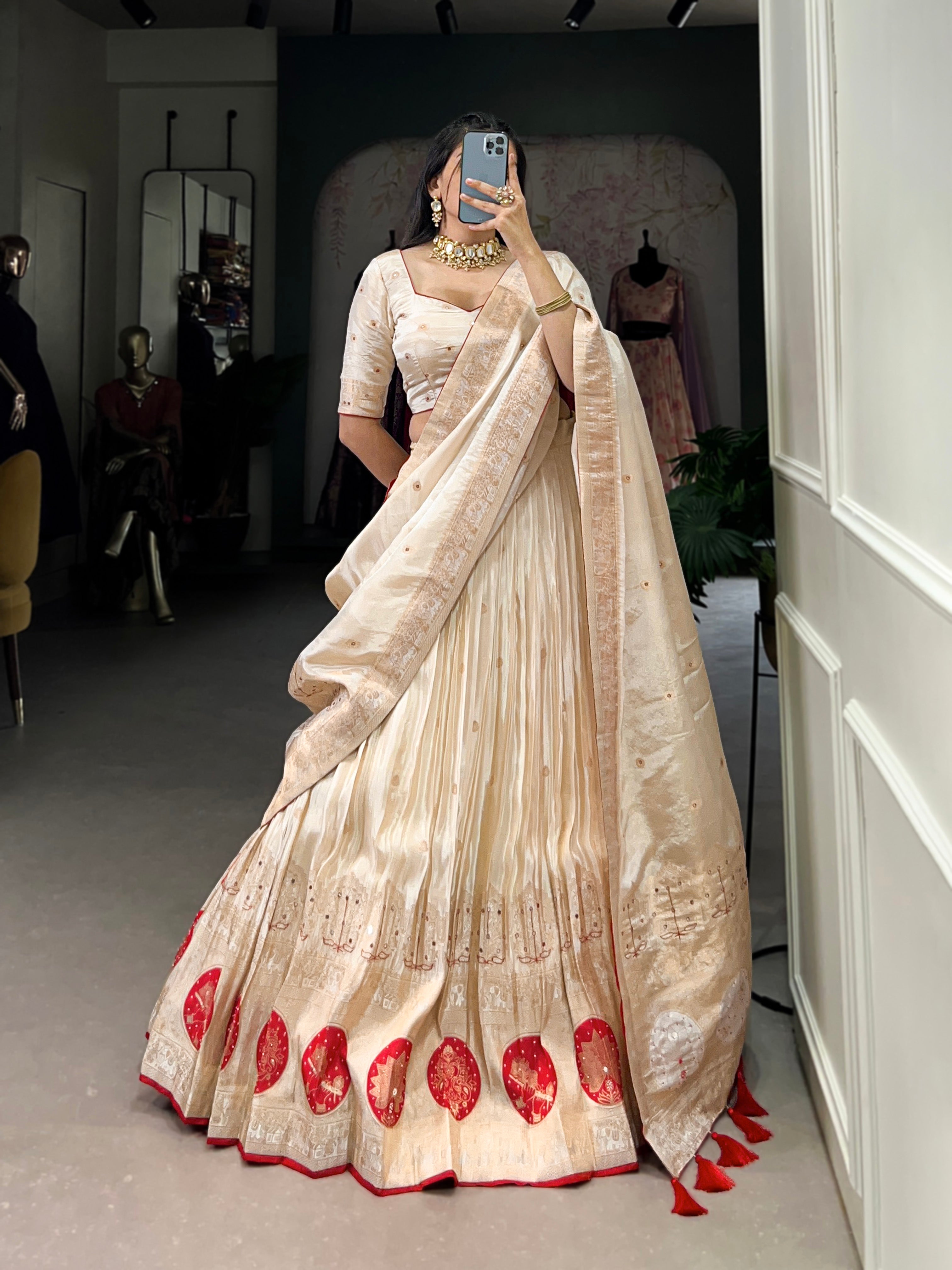 Lorenvalley Off White Pure Shimmer With Weaving Work with Mirror And Beads (Moti) Hand Work Lehenga Choli