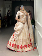 Lorenvalley Off White Pure Shimmer With Weaving Work with Mirror And Beads (Moti) Hand Work Lehenga Choli