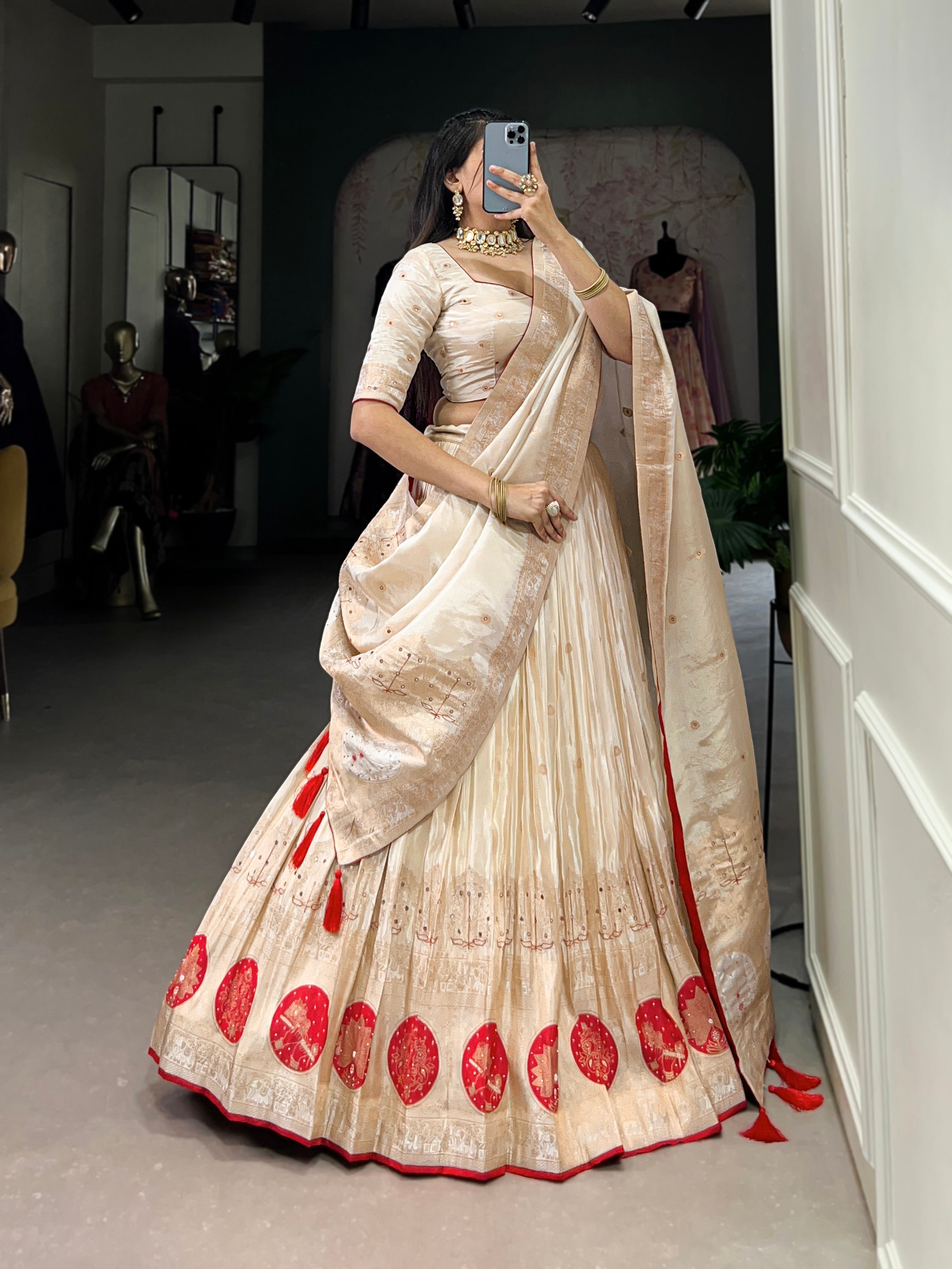 Lorenvalley Off White Pure Shimmer With Weaving Work with Mirror And Beads (Moti) Hand Work Lehenga Choli